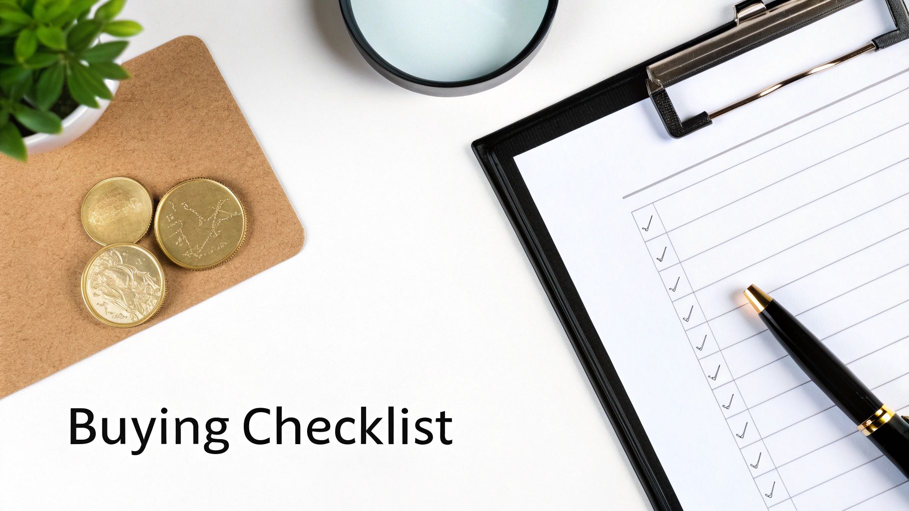 Flat lay of a buying checklist on a clipboard with a pen, gold coins, and a magnifying glass.