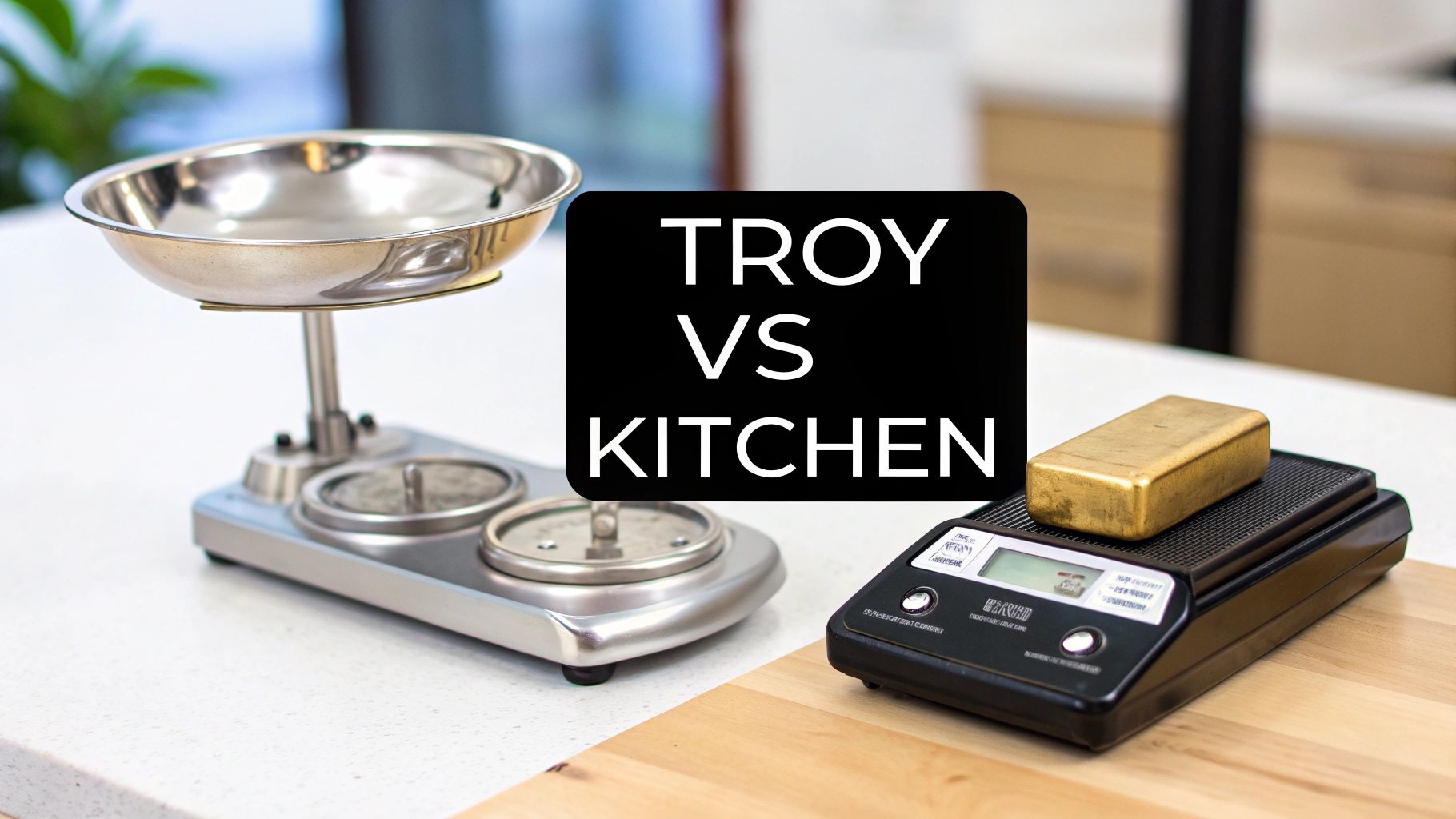 Two types of scales, a traditional balance and a digital scale with a gold bar, comparing troy vs kitchen weights.