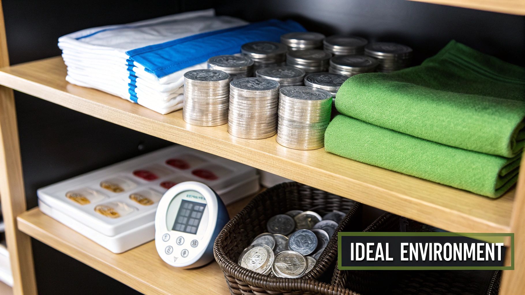 A close-up shot of a person carefully placing a silver coin into a storage album in a well-lit, dry room.