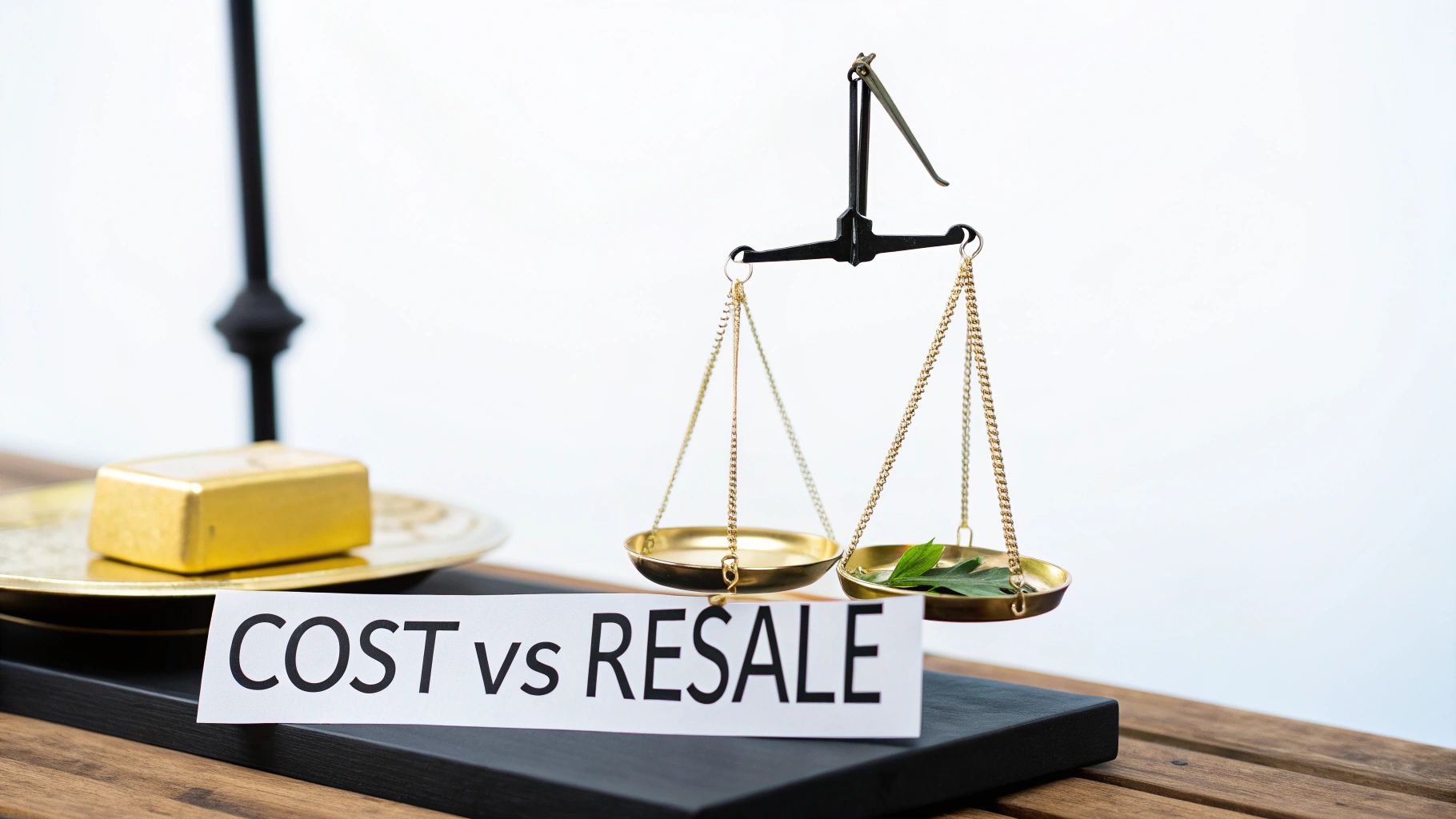 A balance scale weighing a gold bar against green leaves, with a 'COST vs RESALE' sign.