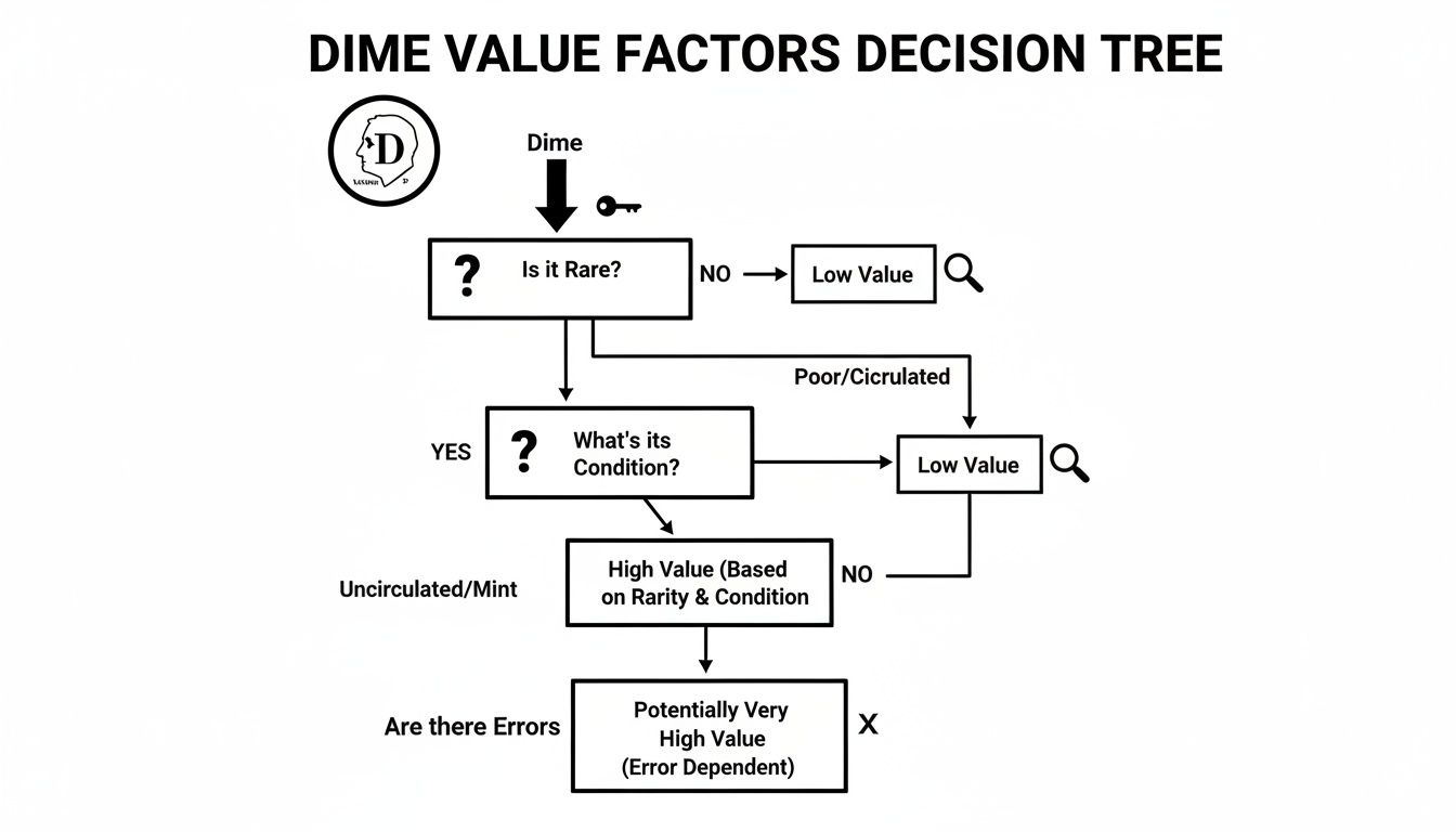 A decision tree flowchart outlining factors that determine the value of a dime coin.