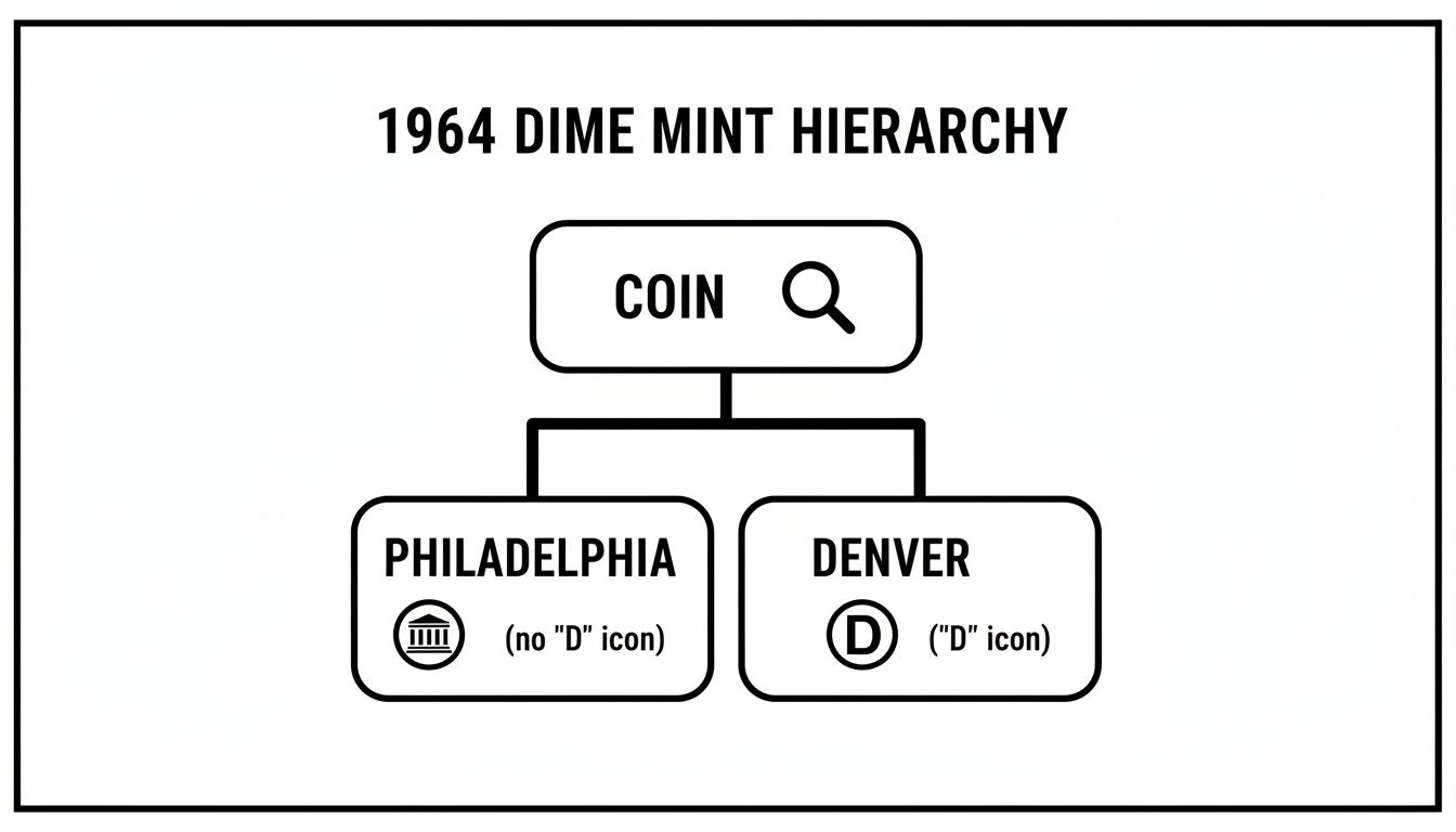 Hierarchy chart showing how to identify 1964 dimes minted in Philadelphia or Denver.