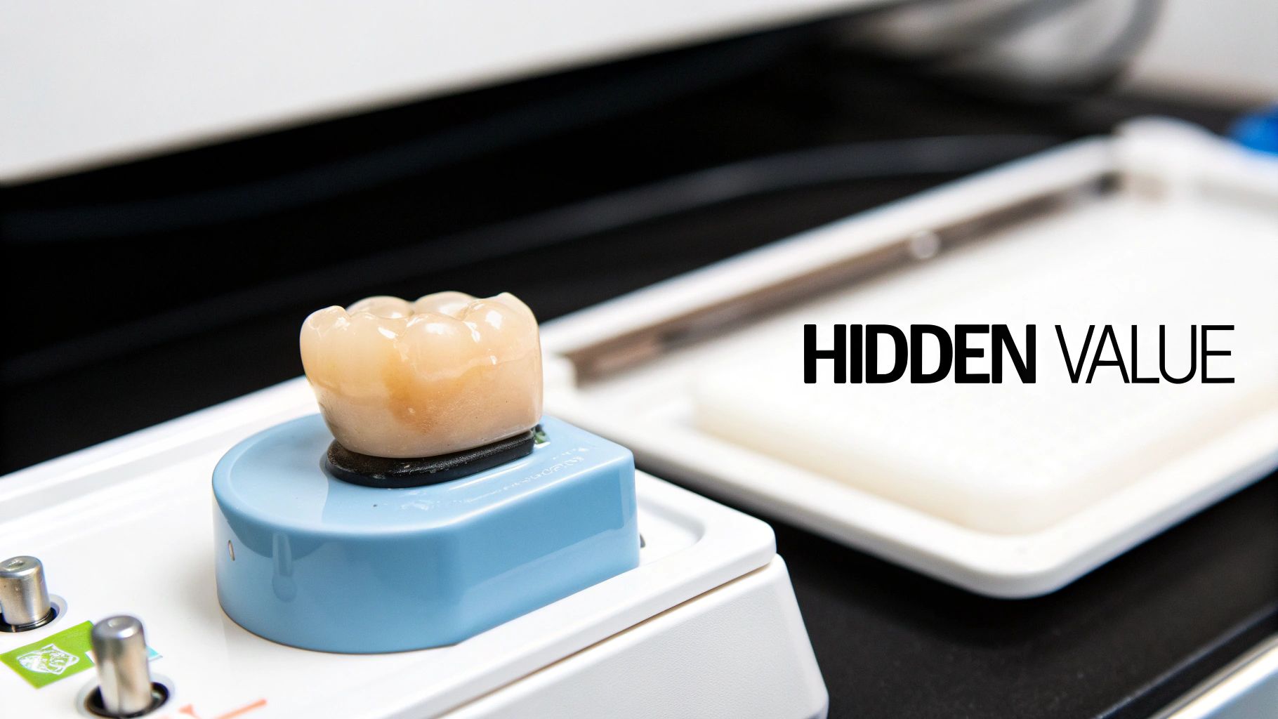 A close-up of a realistic dental crown on a blue stand, with "HIDDEN VALUE" text.
