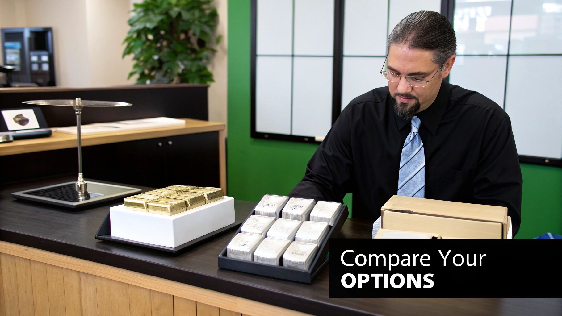A man at a counter with gold and silver bars, looking at options for precious metals.