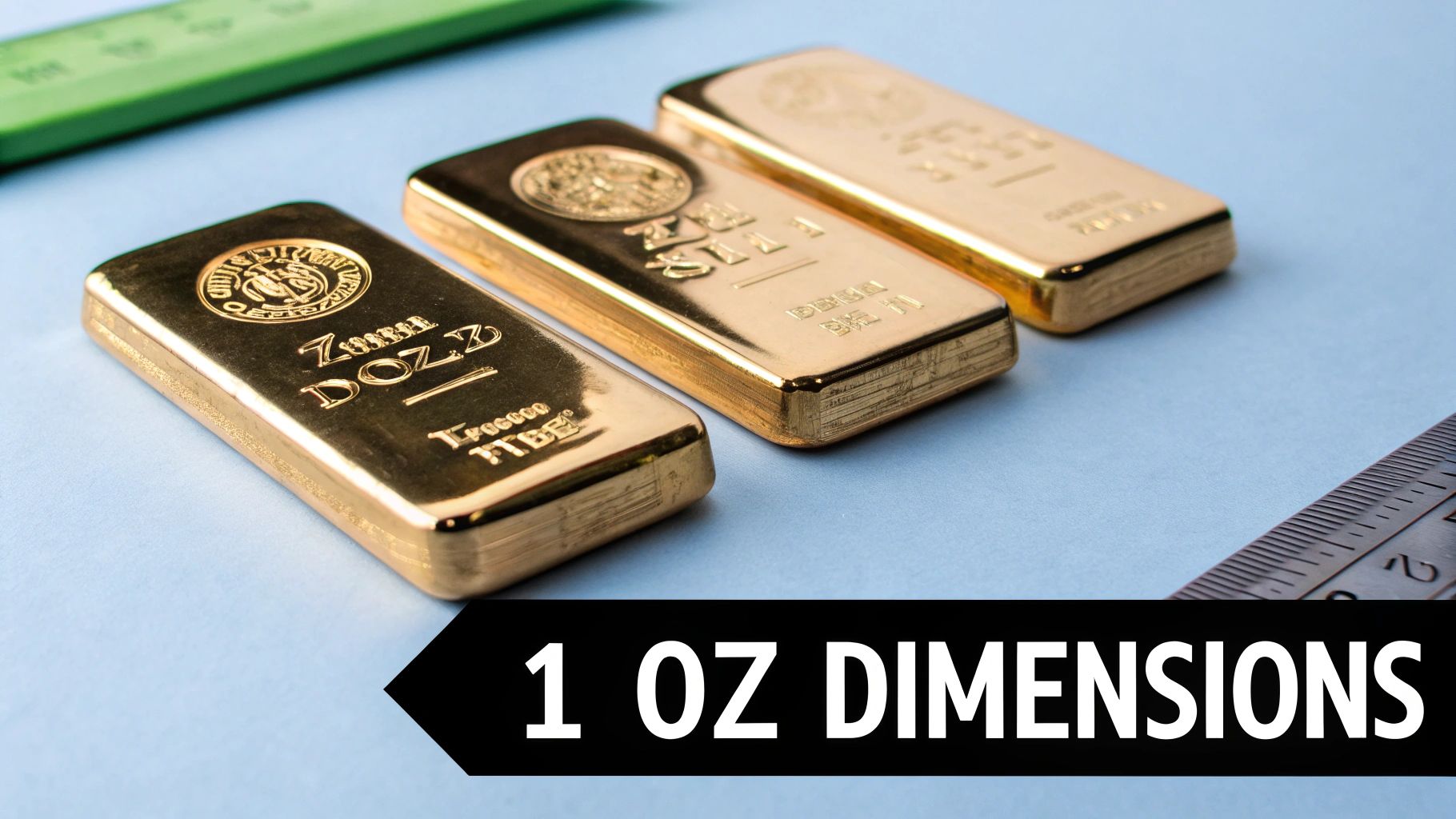 Three shiny 1 oz gold bars are displayed on a light blue surface with rulers, highlighting their dimensions.
