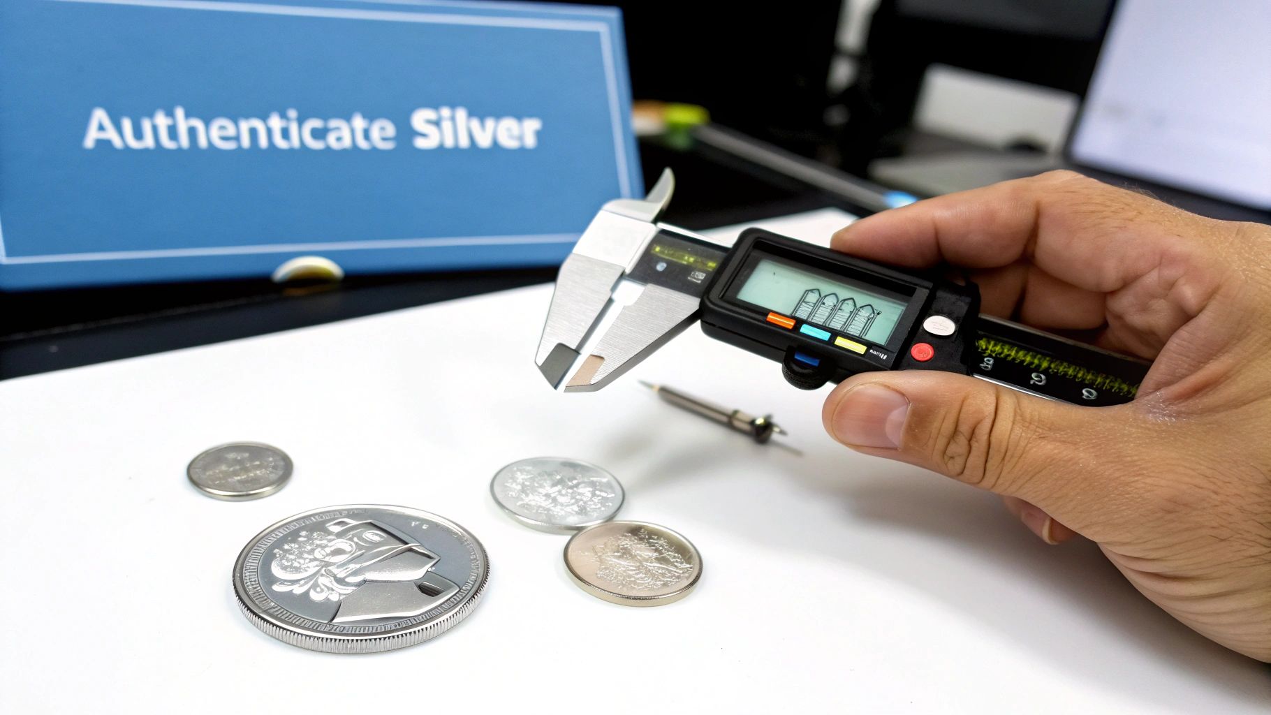 A person holding a magnifying glass over several old foreign silver coins to inspect them.