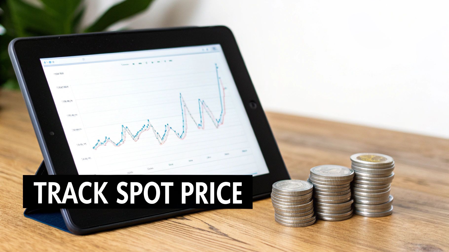 A tablet shows a financial chart next to stacked coins, with text 'TRACK SPOT PRICE'.