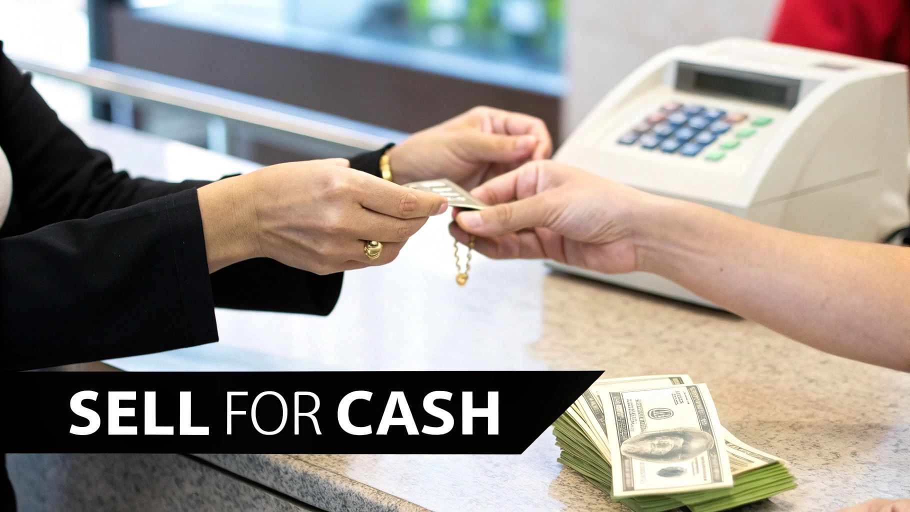 Hands exchanging a piece of gold jewelry for a stack of cash at a counter.