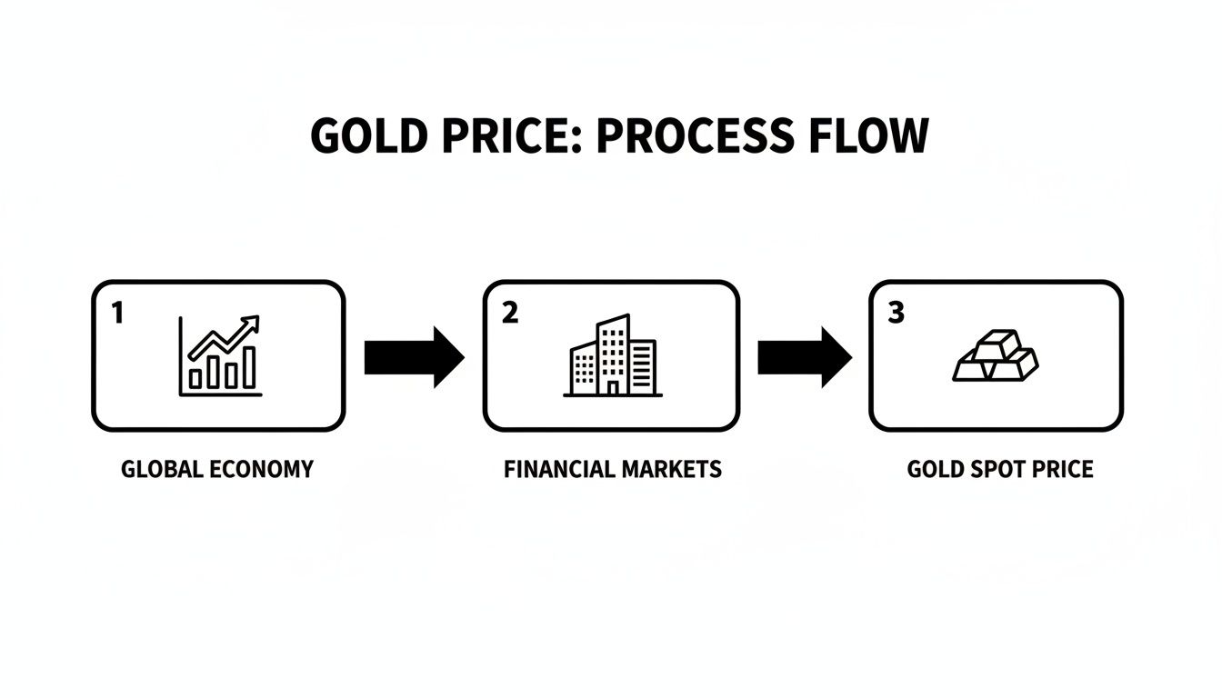 Flowchart showing the process where global economy impacts financial markets, leading to gold spot price.