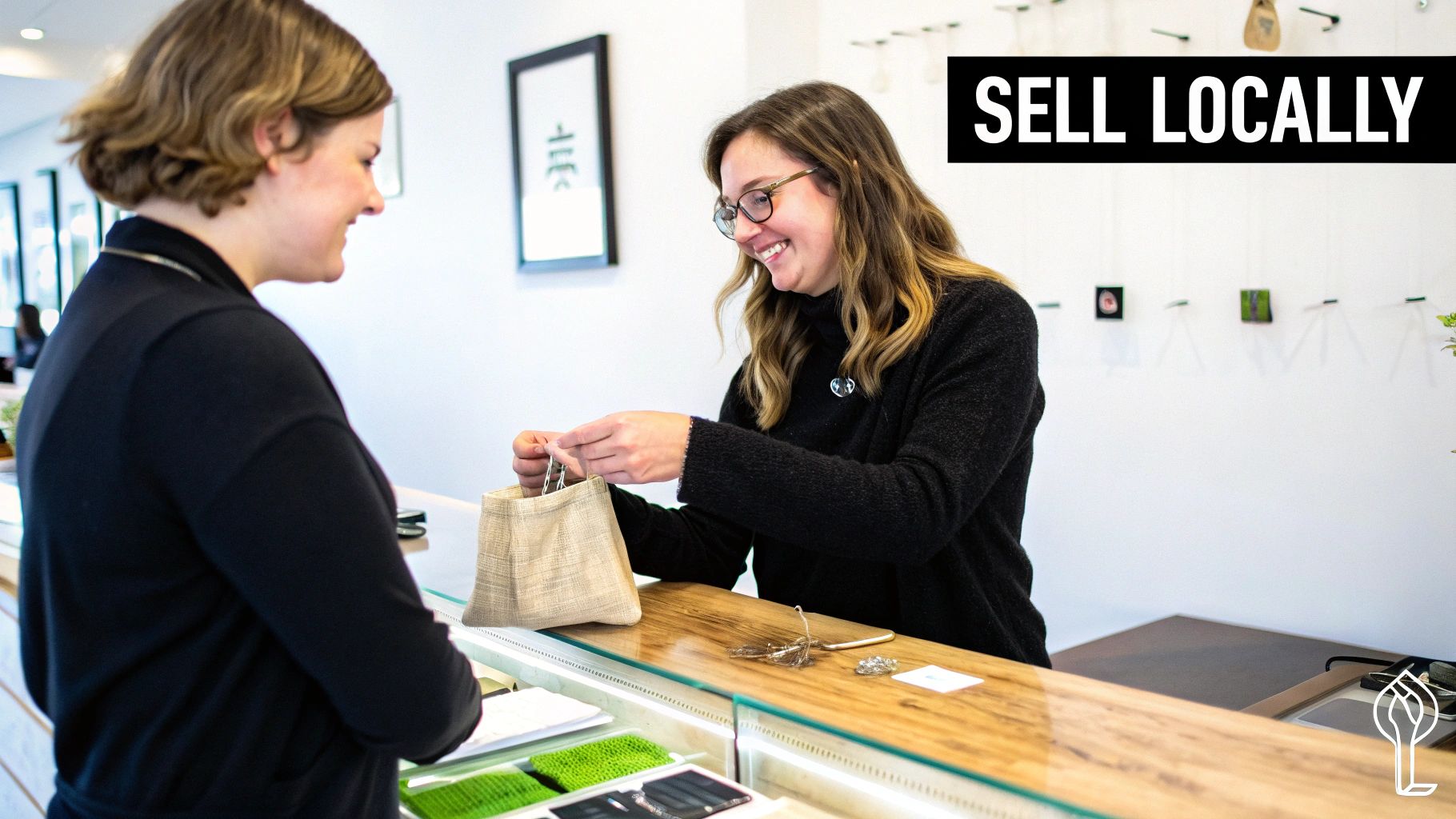 Two smiling women at a retail counter, one packaging a purchase for the other.