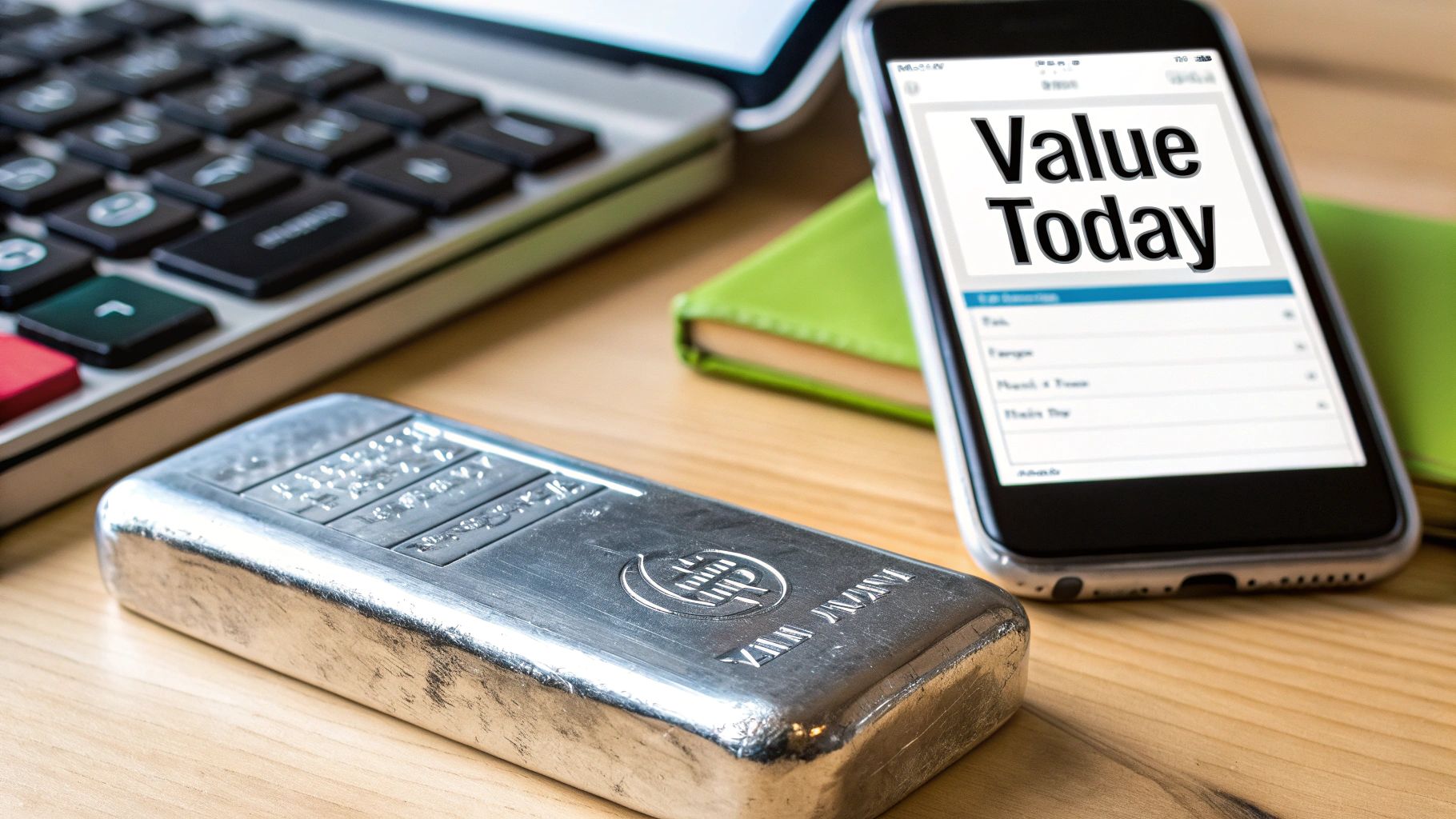 A close-up of a silver bar, a laptop, a green notebook, and a smartphone displaying "Value Today" on a wooden desk.