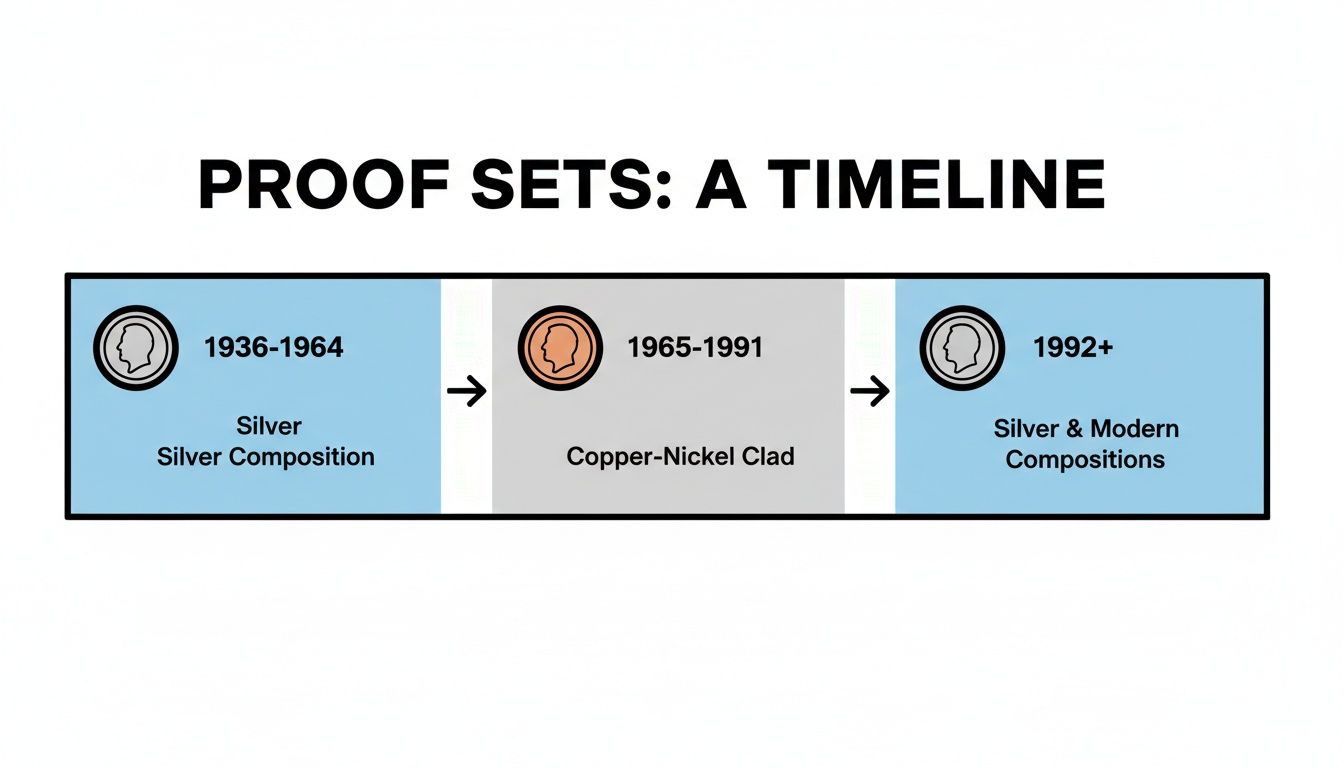 A timeline depicting United States proof set compositions across three distinct periods: 1936-1964 (Silver), 1965-1991 (Copper-Nickel Clad), and 1992+ (Silver & Modern Compositions).