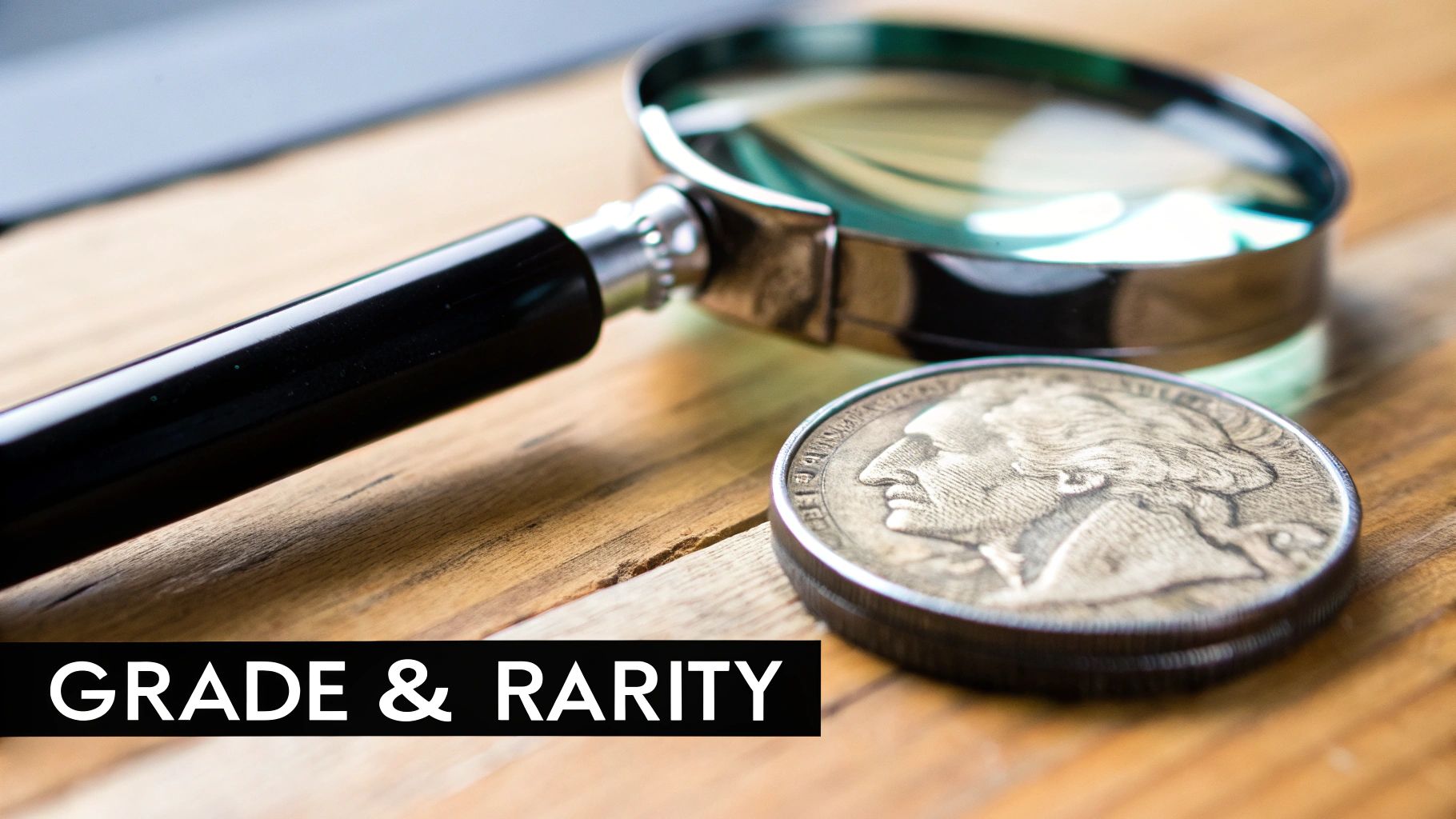 A magnifying glass lies next to a historical coin on a wooden surface, with 'GRADE & RARITY' text.