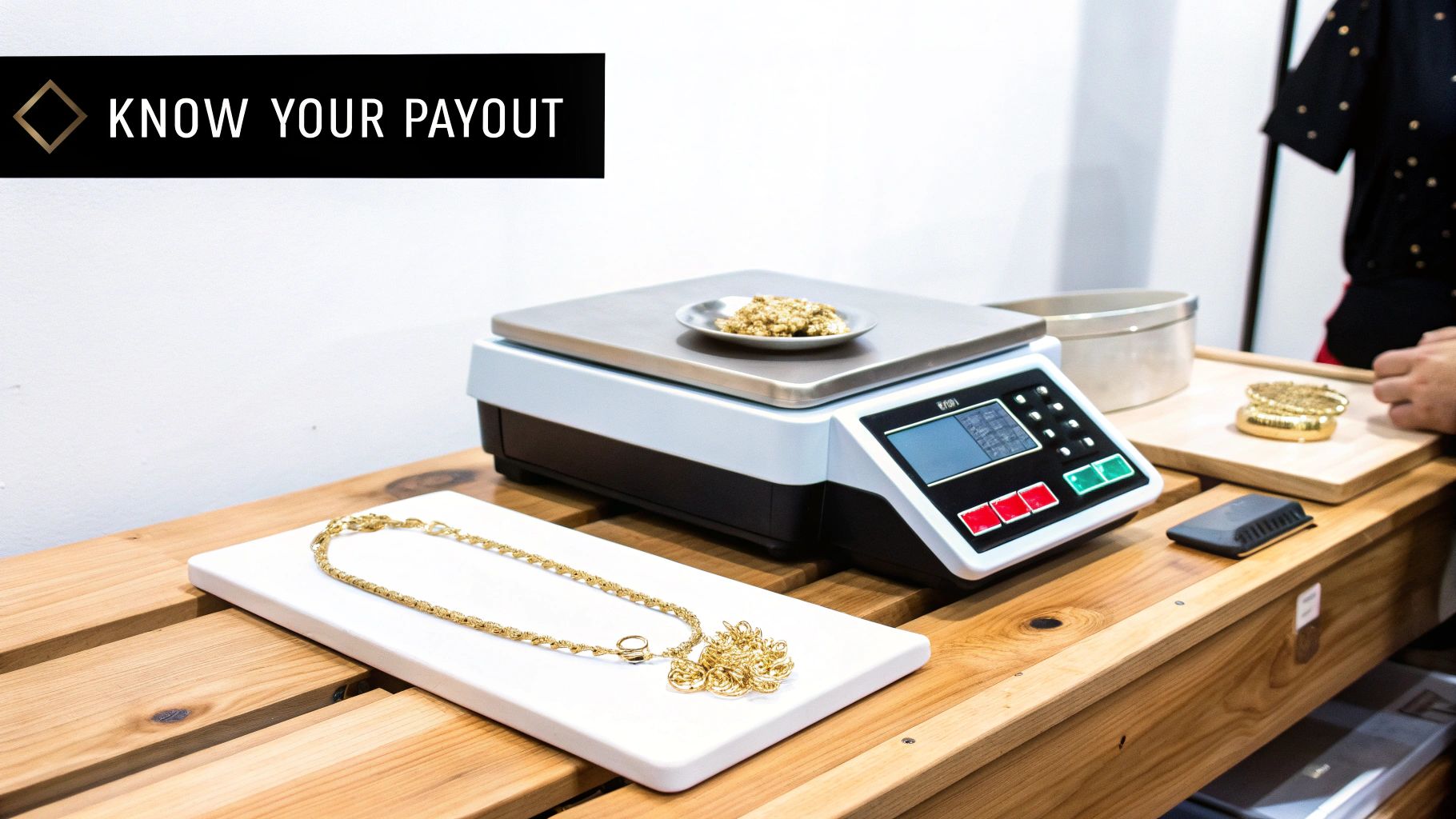 A person is weighing gold jewelry on a digital scale at a counter, with a 'Know Your Payout' sign.