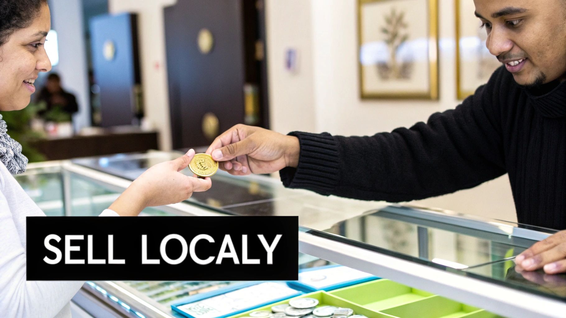 Two people exchanging a gold coin over a display counter in a store.