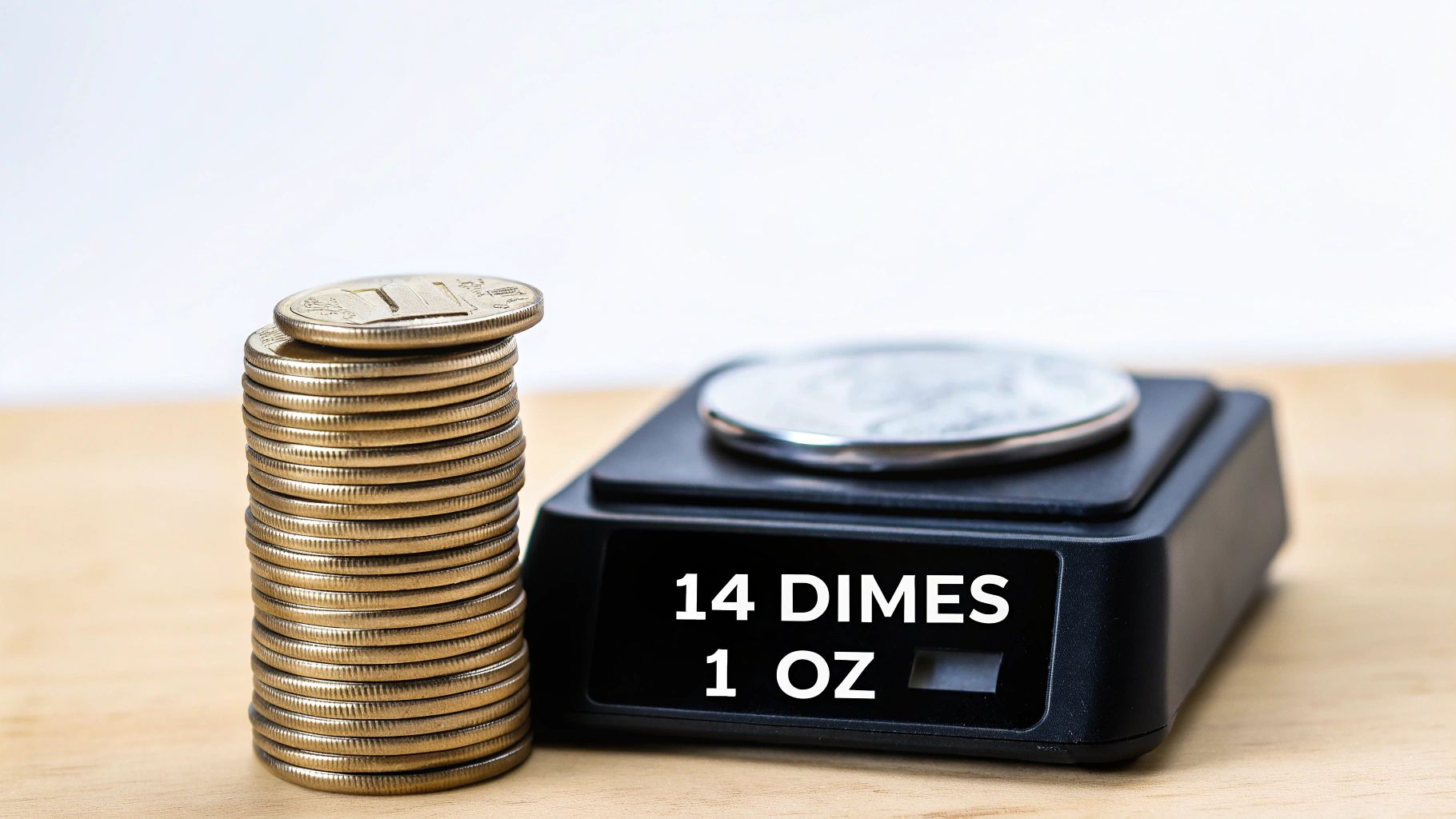A stack of US dimes next to a small digital scale displaying '14 DIMES 1 OZ' on a wooden surface.