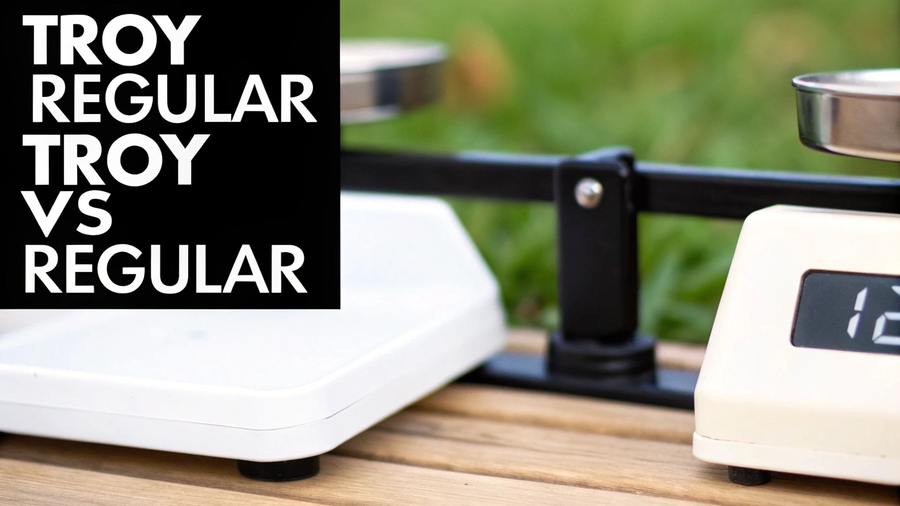 Comparing Troy and Regular measurements with two weighing scales on a wooden surface.