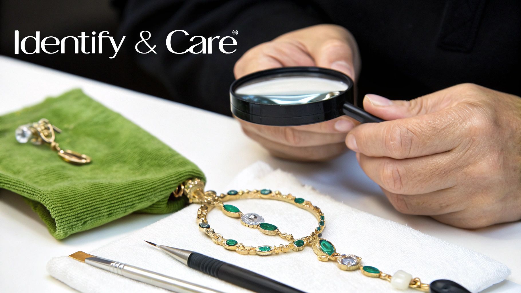 A person uses a magnifying glass to inspect a gold necklace with green and clear gemstones, beside cleaning tools. Text: Identify & Care.