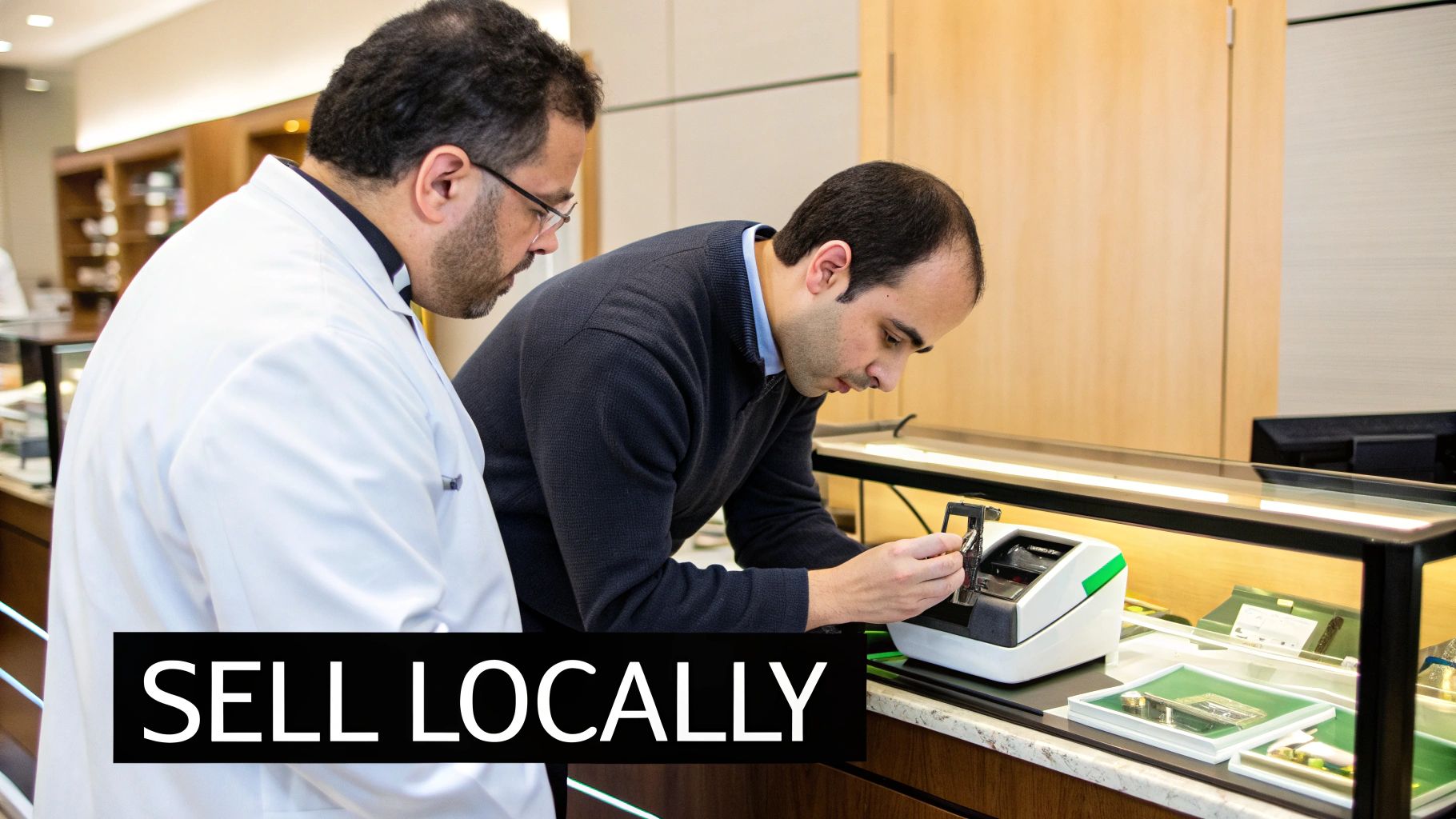 Two men in a store examining a gold sovereign with a device, likely for appraisal.
