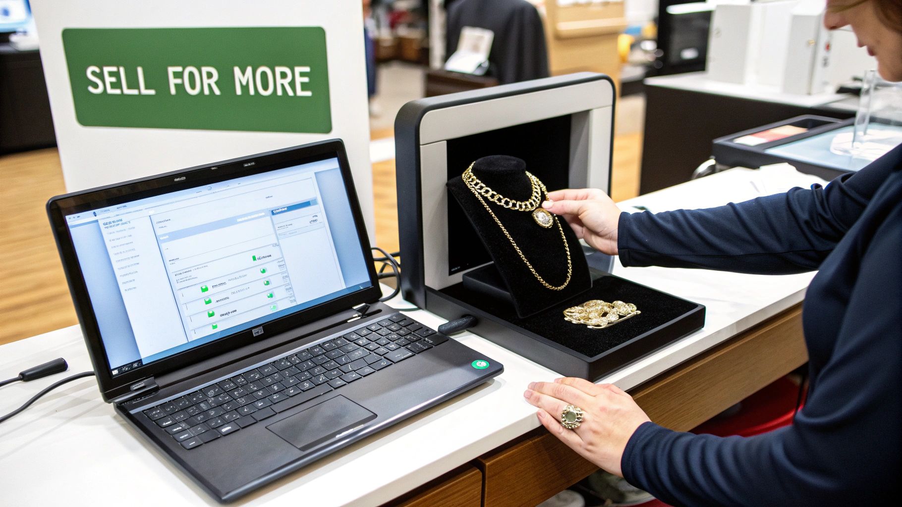 A woman appraises gold jewelry on display, next to a laptop, with a 'SELL FOR MORE' sign.