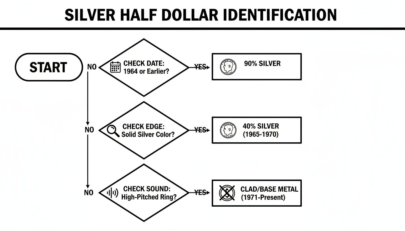 Flowchart guiding users to identify silver half dollars by date, edge, and sound.