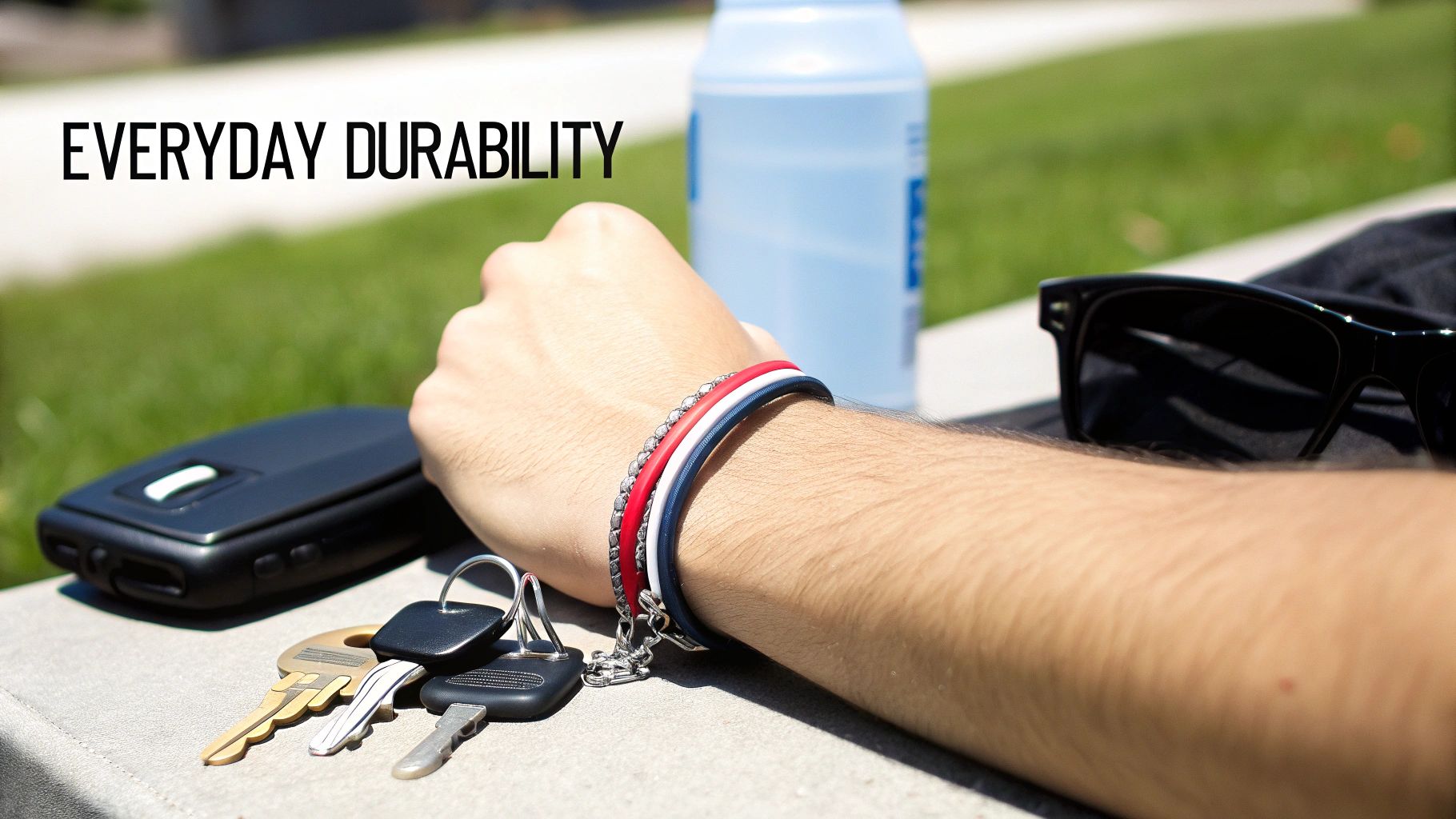 A person's arm with a multi-colored bracelet, keys, a device, water bottle, and sunglasses on a surface.