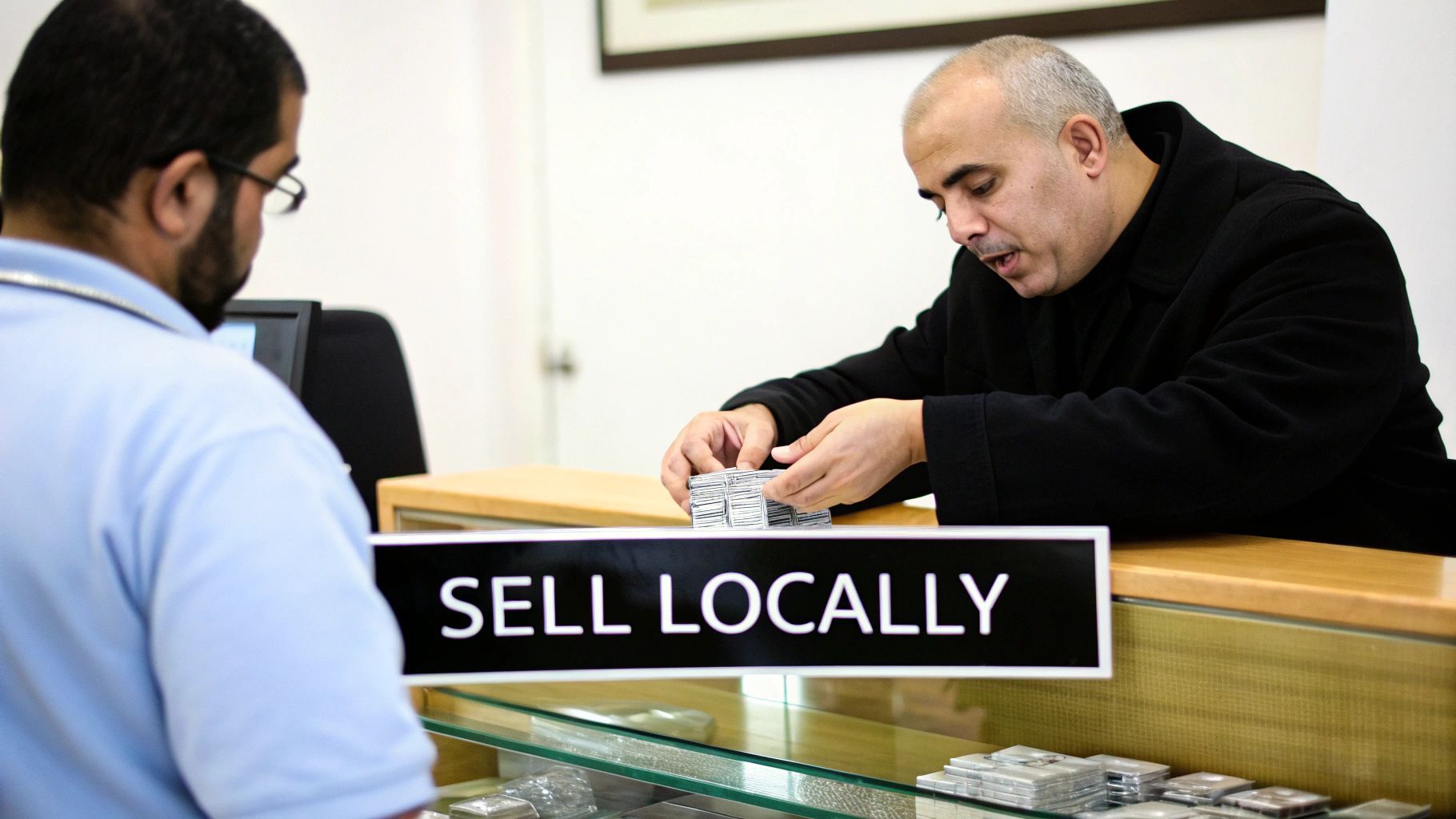 A magnifying glass examining a silver coin to determine its value