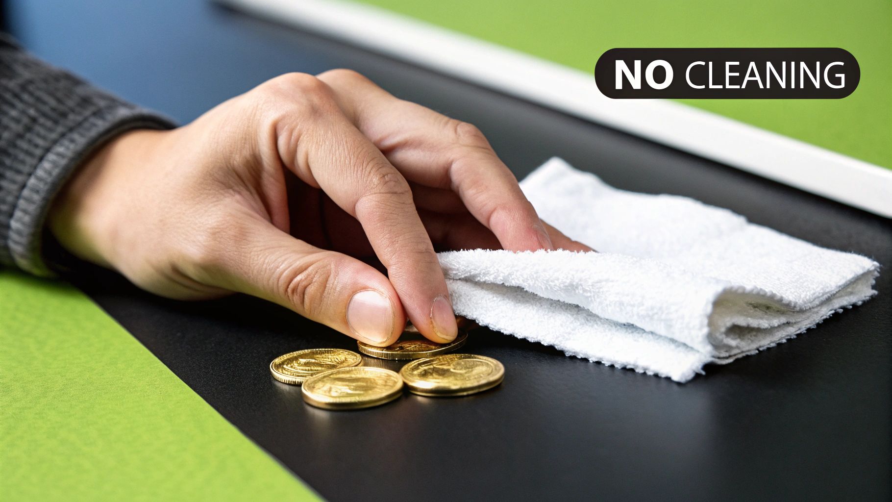 A magnifying glass examining a gold coin for imperfections