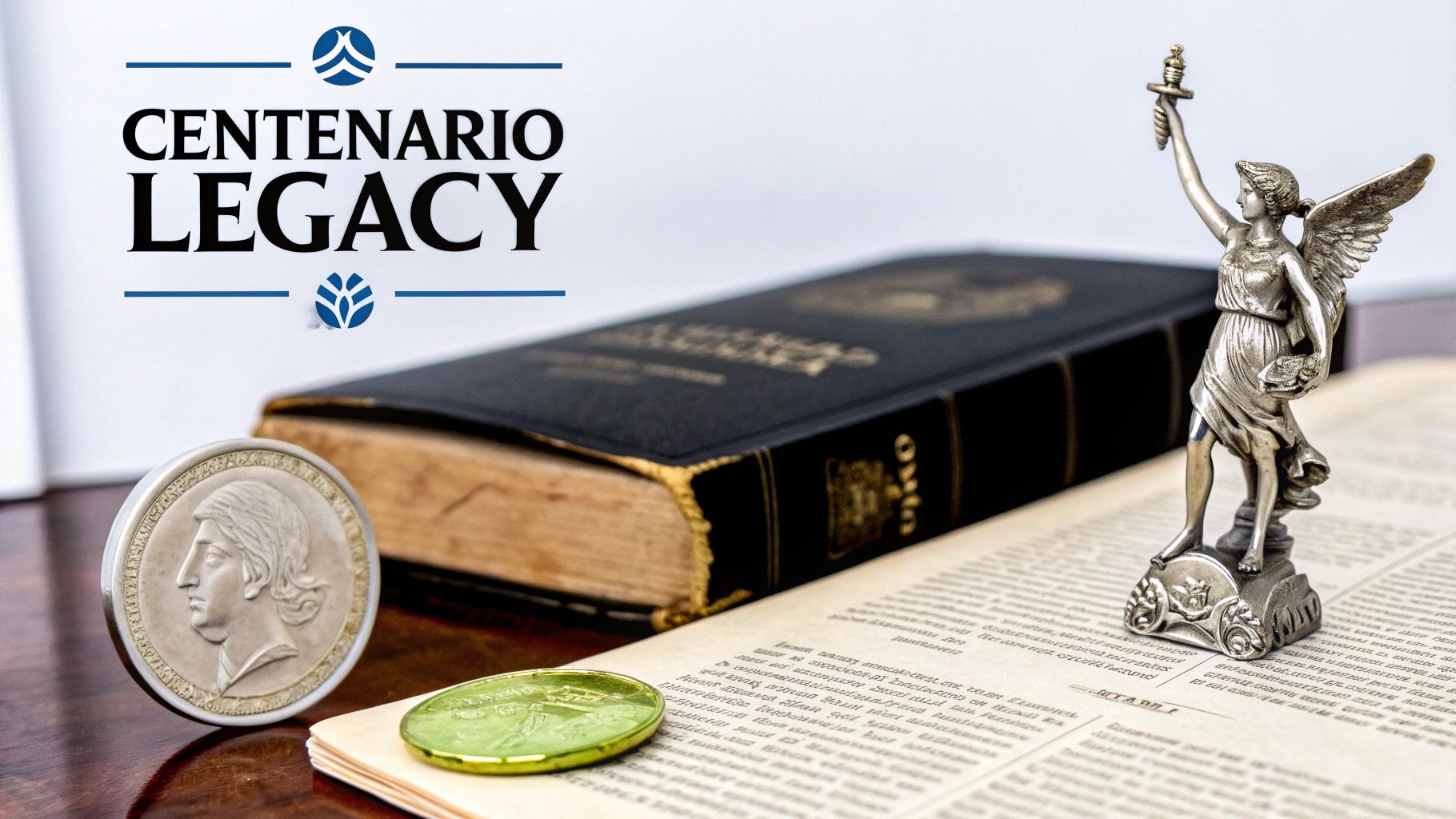 A still life with a silver coin, gold coin, winged statue, open book, and 'Centenario Legacy' text.