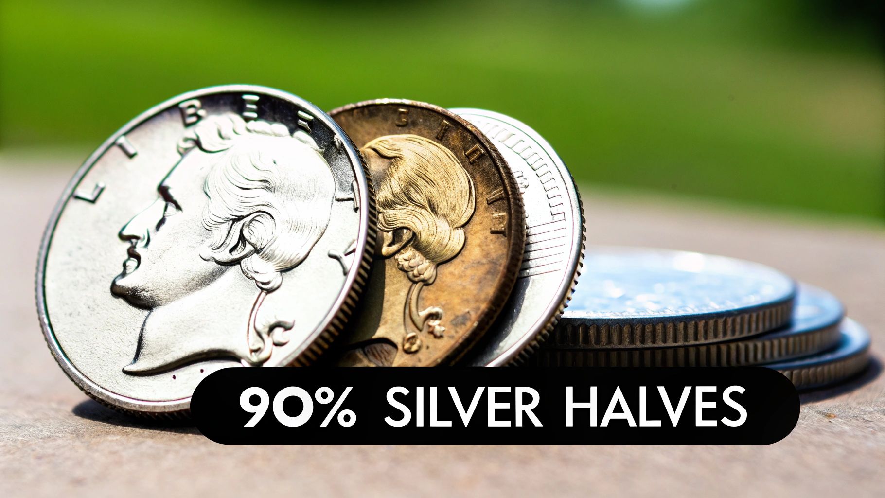 Close-up of several 90% silver half dollar coins on a textured surface with a green background.