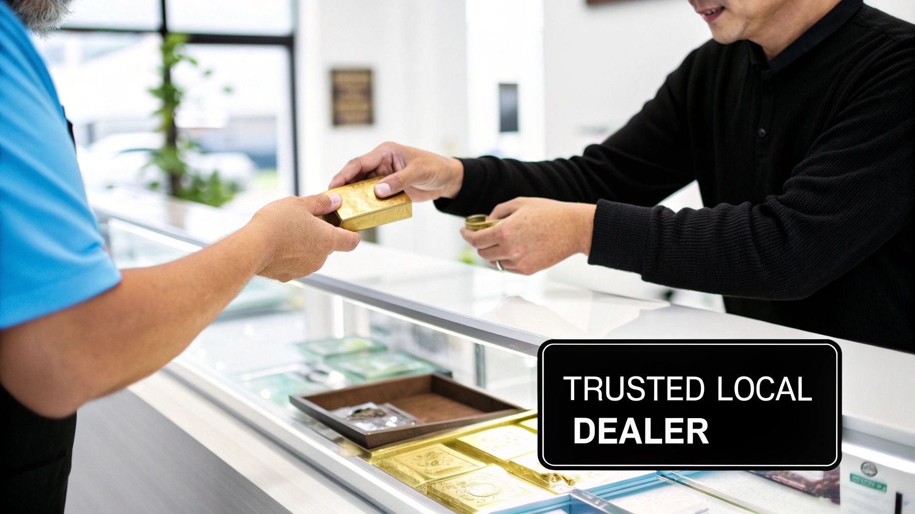 Two people exchange a golden bar at a trusted local dealer's counter.