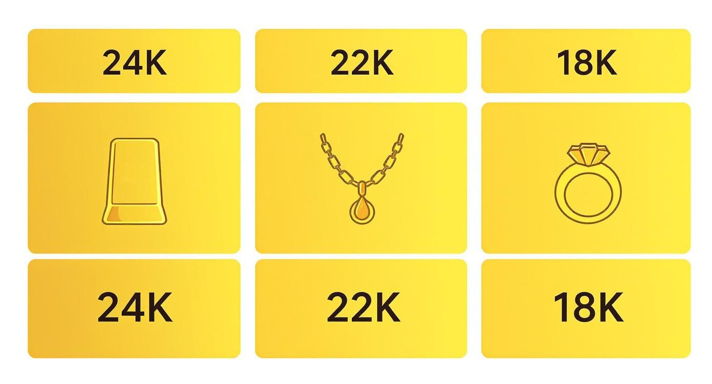A grid displaying gold karats 24K, 22K, 18K, alongside a gold bar, necklace, and ring.