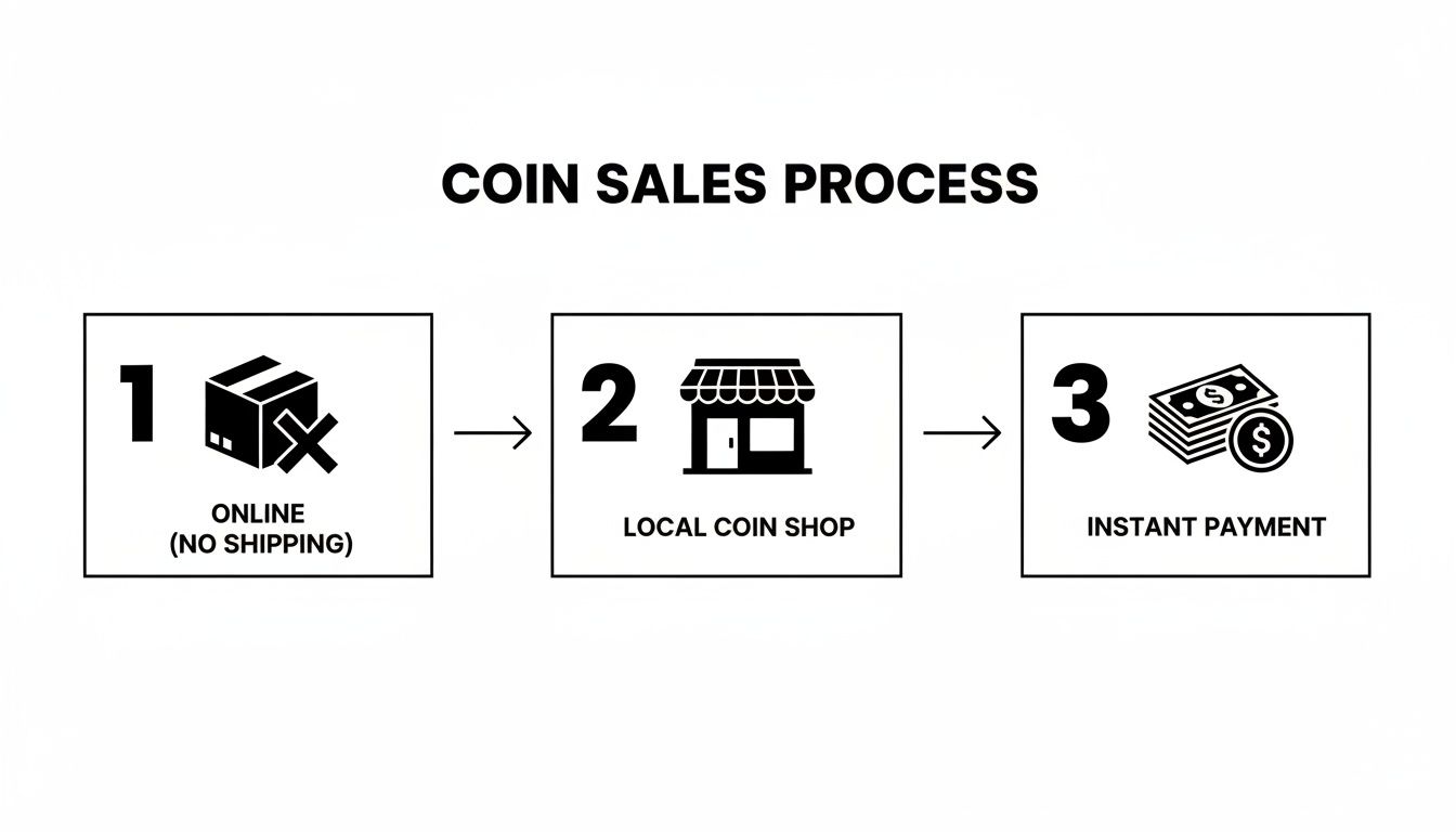 A three-step coin sales process: online inquiry (no shipping), local coin shop visit, and instant payment.