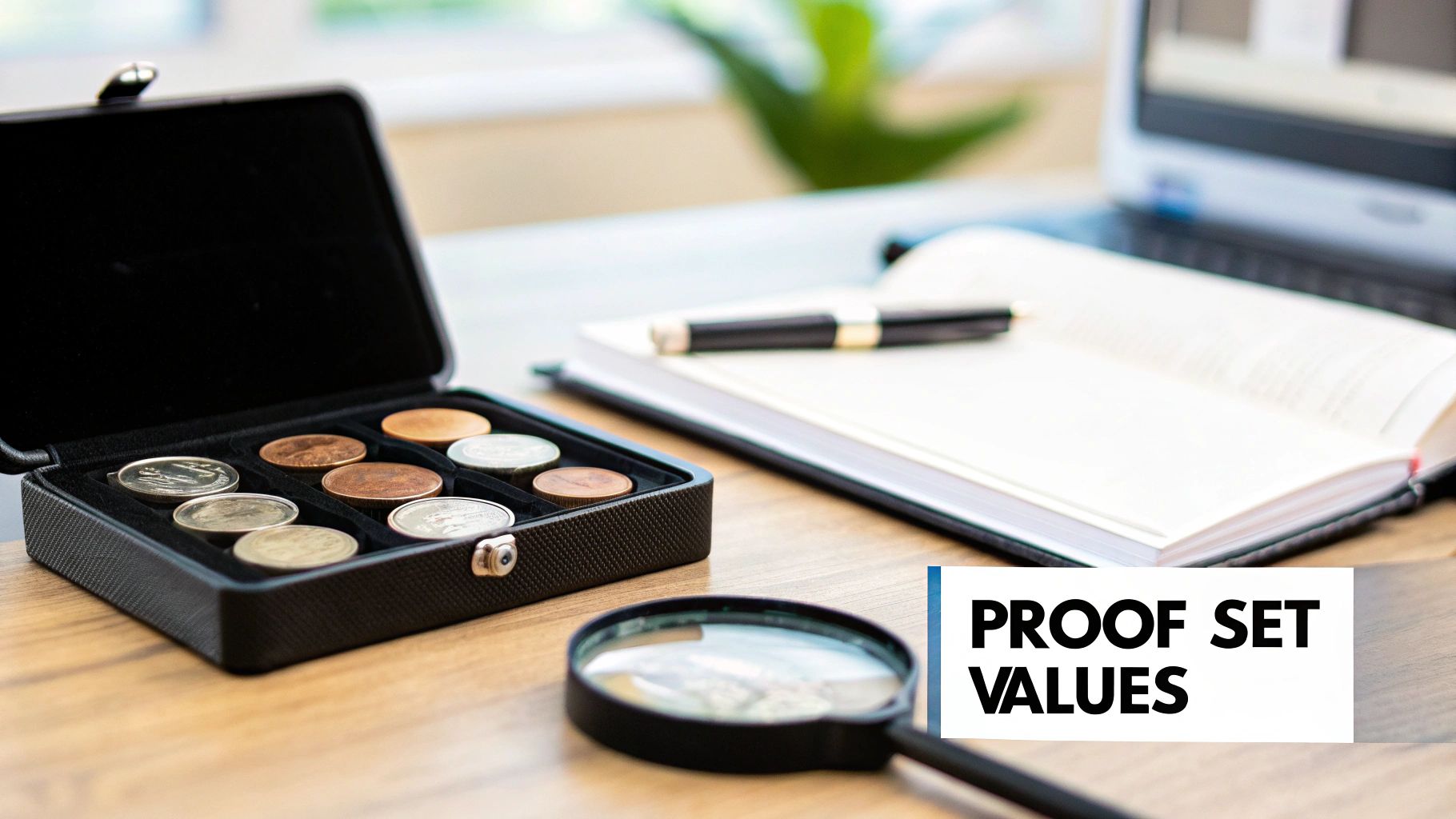 A black case holding collector coins and a magnifying glass on a wooden desk, with a notebook and laptop in the background.