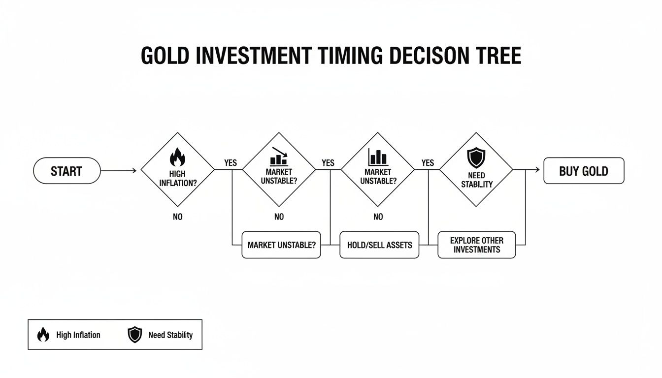 Flowchart illustrating a gold investment timing decision tree based on inflation and market stability.