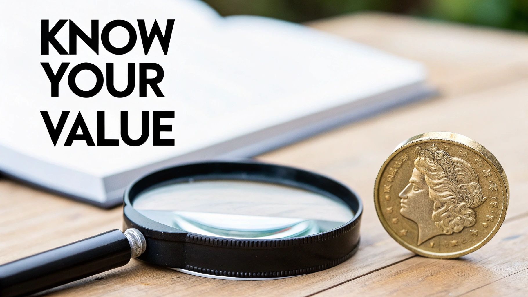 Text 'KNOW YOUR VALUE' with a magnifying glass and a gold coin on a wooden table.