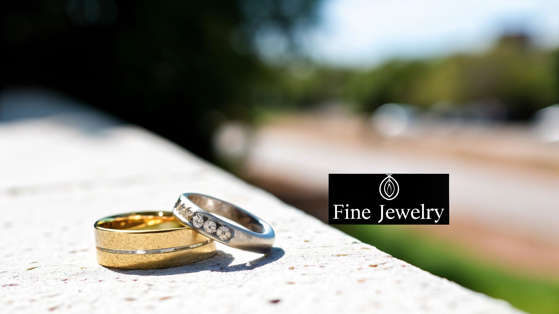 Two elegant rings, one gold and one silver with diamonds, resting on a textured outdoor surface.