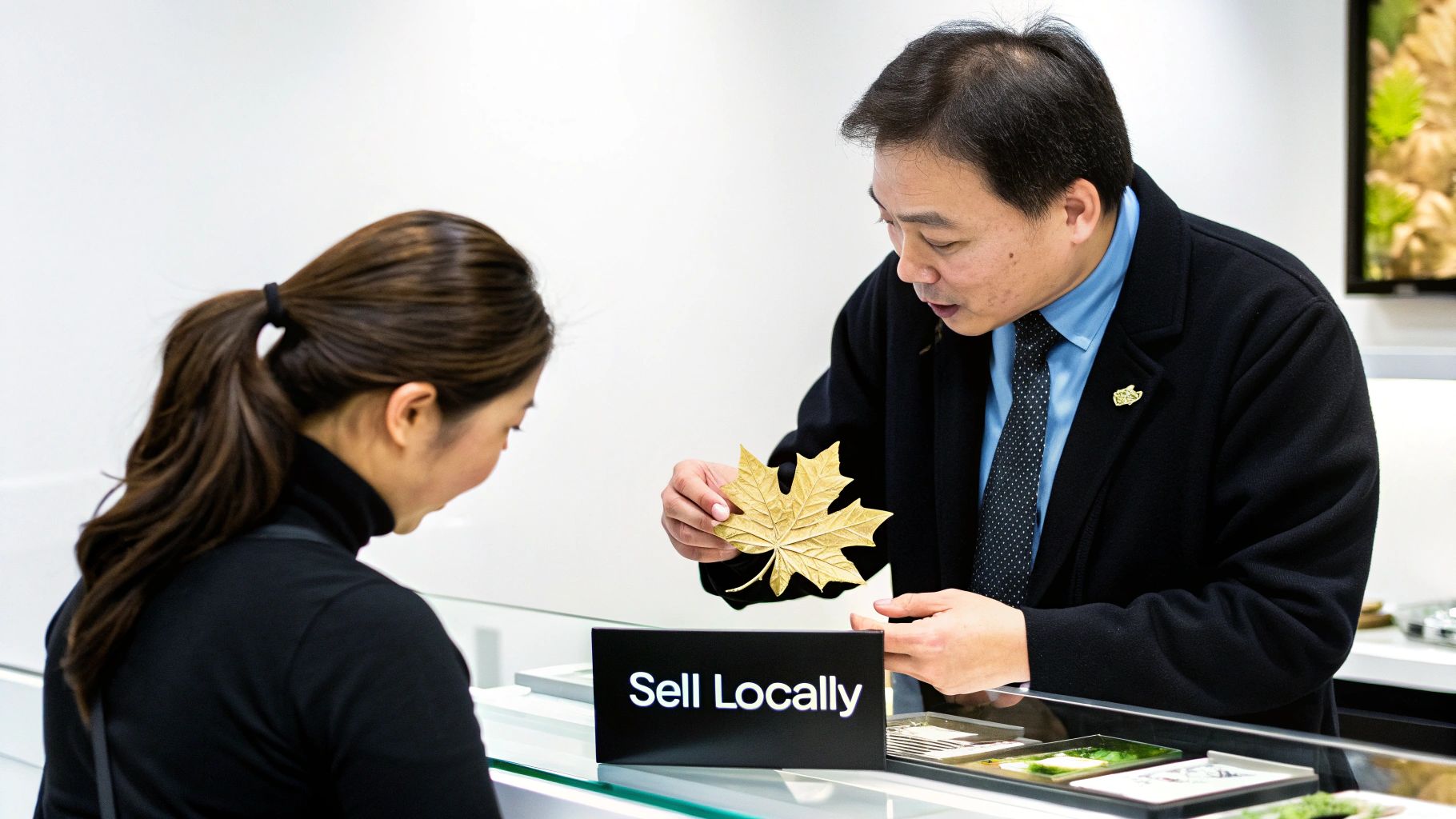 A man shows a golden maple leaf to a woman at a counter with a 'Sell Locally' sign.