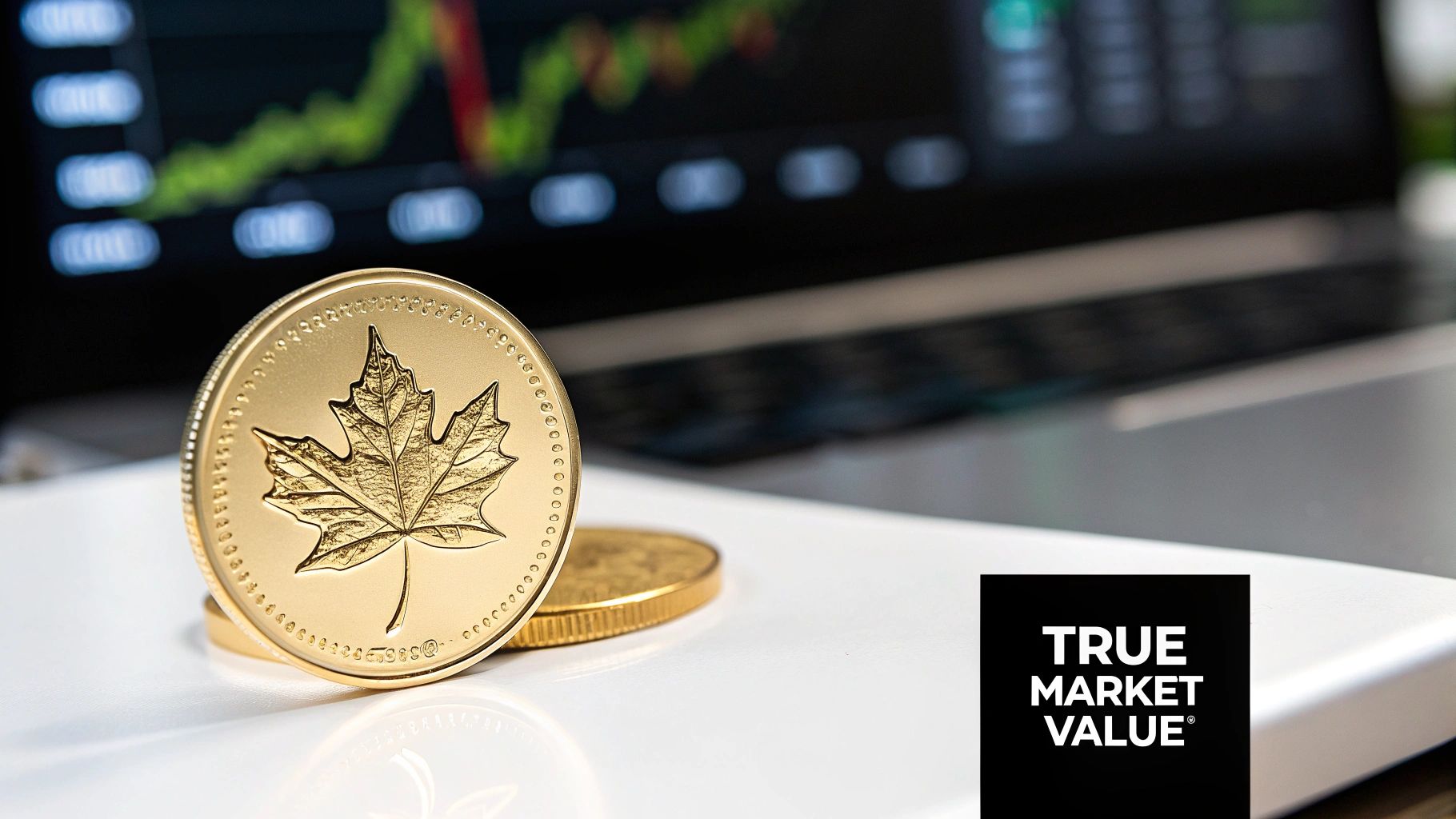 A gold Canadian Maple Leaf coin stands prominently with blurred stock market charts on a laptop in the background.