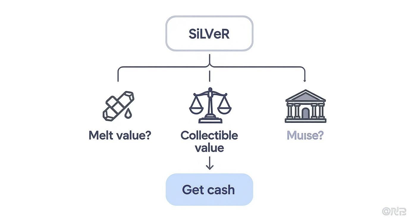 A flowchart showing options for valuing silver: melt value, collectible value, or a third option, leading to getting cash.