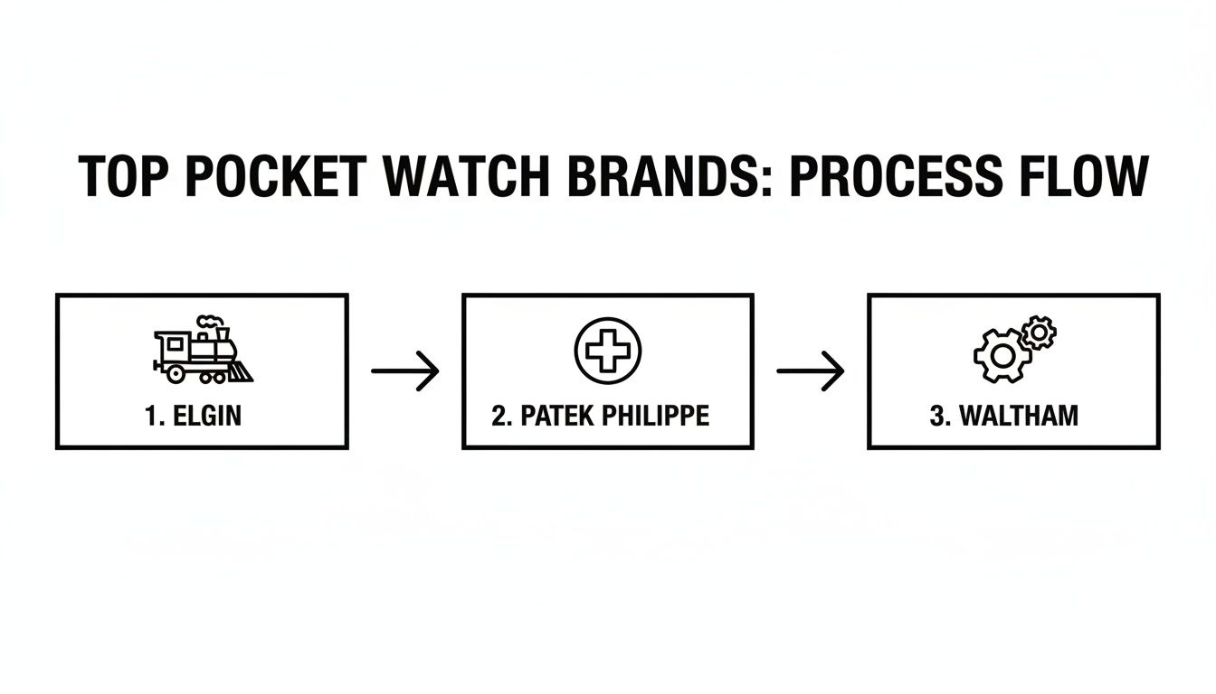 A process flow diagram illustrating top pocket watch brands: Elgin, Patek Philippe, and Waltham.