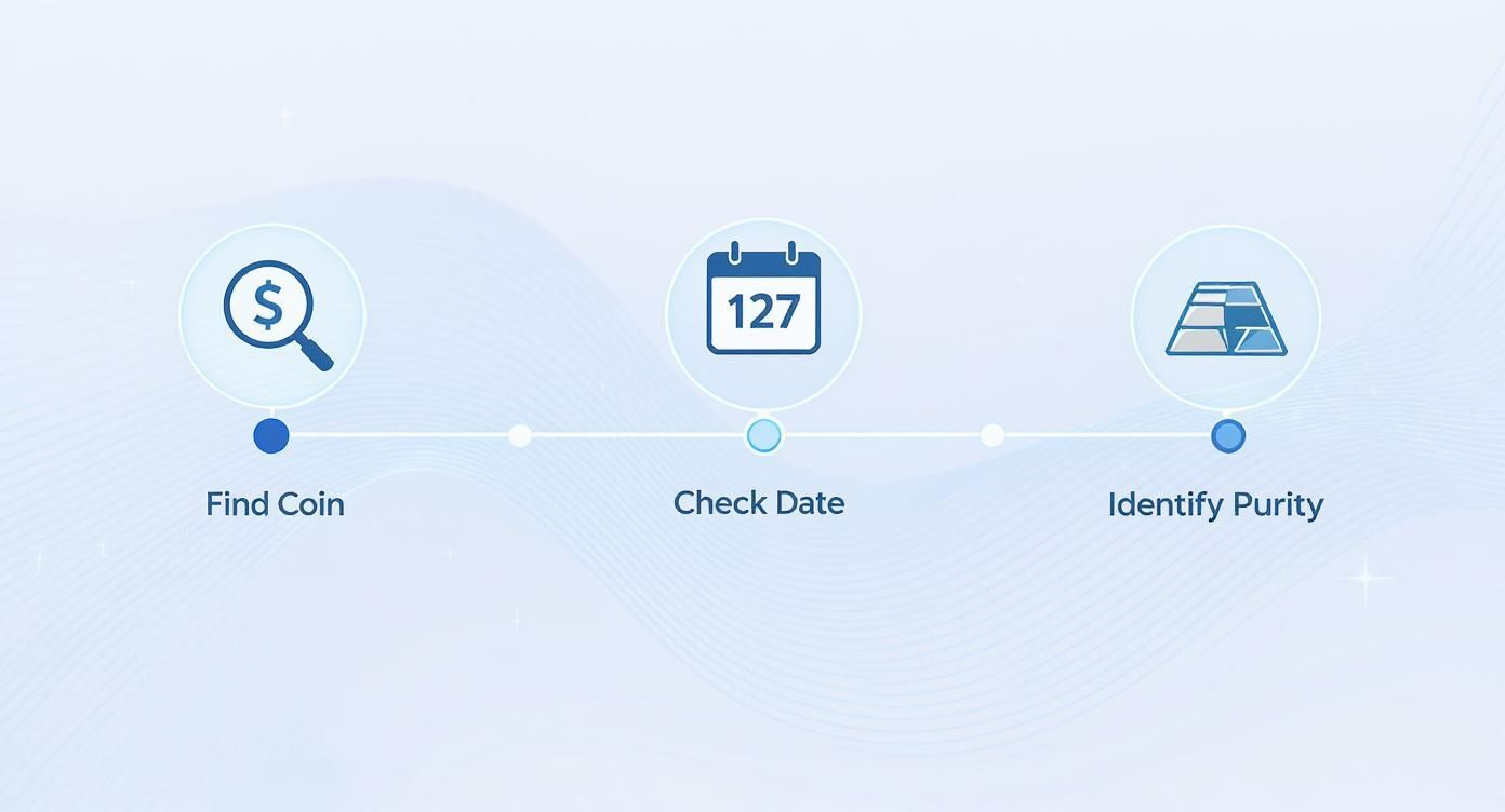 Infographic showing the timeline for finding and identifying foreign silver coins, including checking the date and purity.