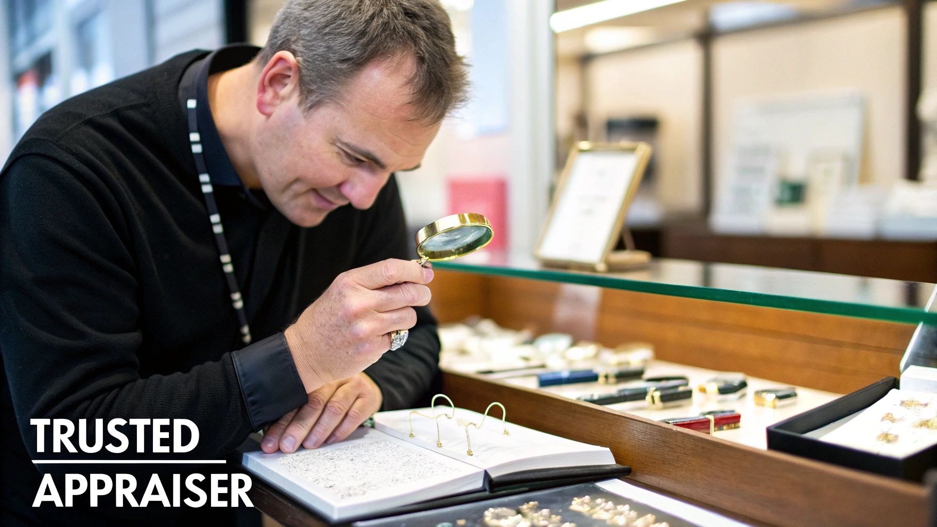 An appraiser using tools to inspect a collection of gold jewelry on a desk.