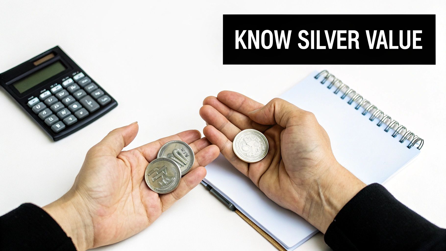 Two hands hold various silver coins, with a calculator and notebook on a white desk.