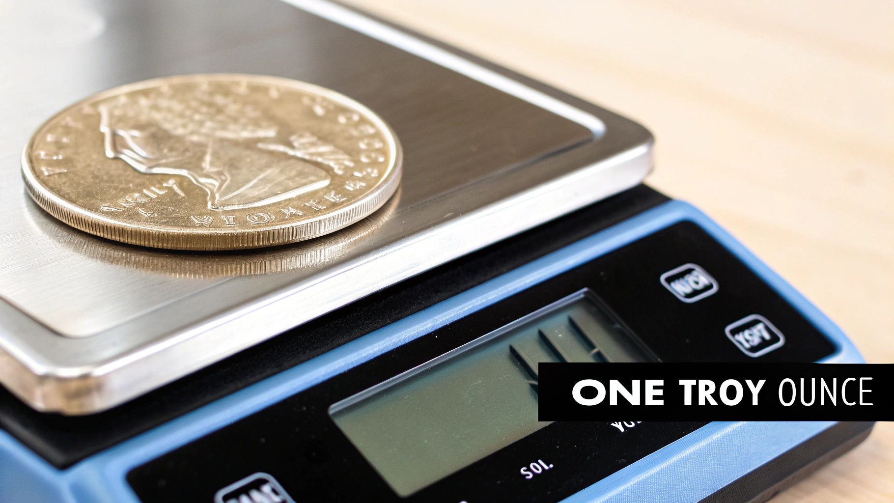A gold-colored coin resting on a digital scale, with a banner indicating 'ONE TROY OUNCE'.