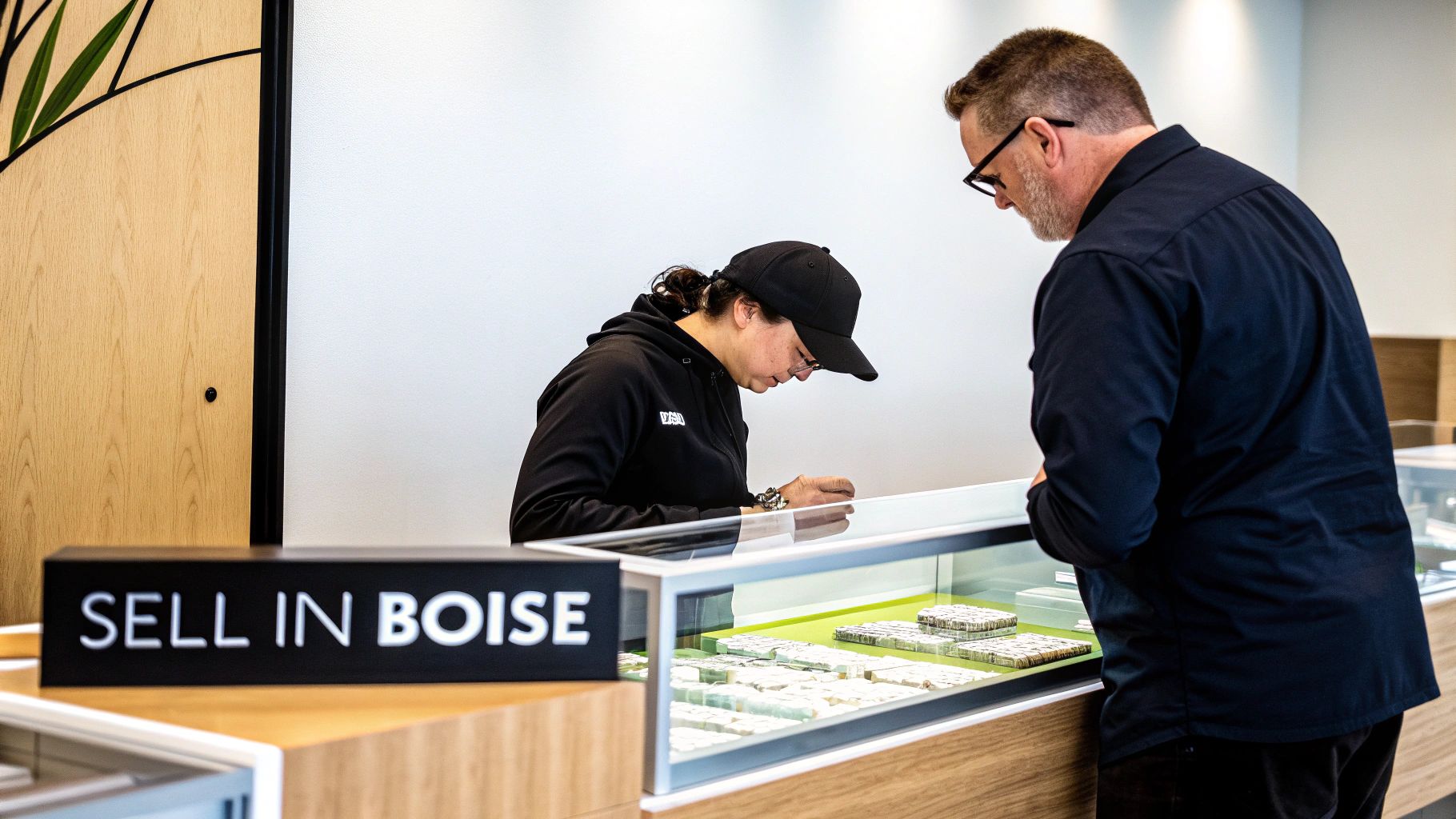 A professional gold and jewelry buyer in Boise examining a silver bar with a loupe.