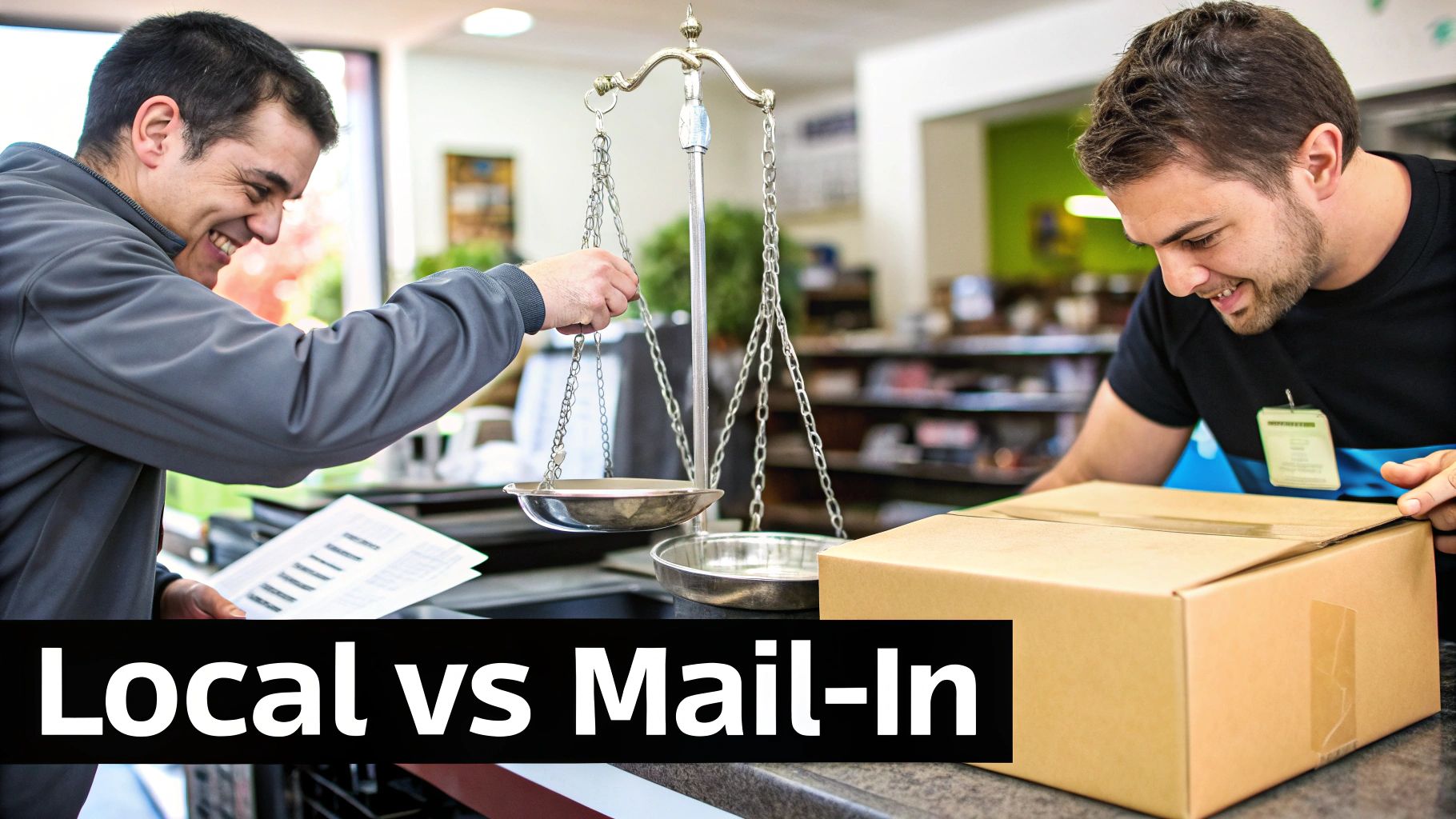 Two smiling men at a counter, one handling a scale, the other a shipping box for mail.