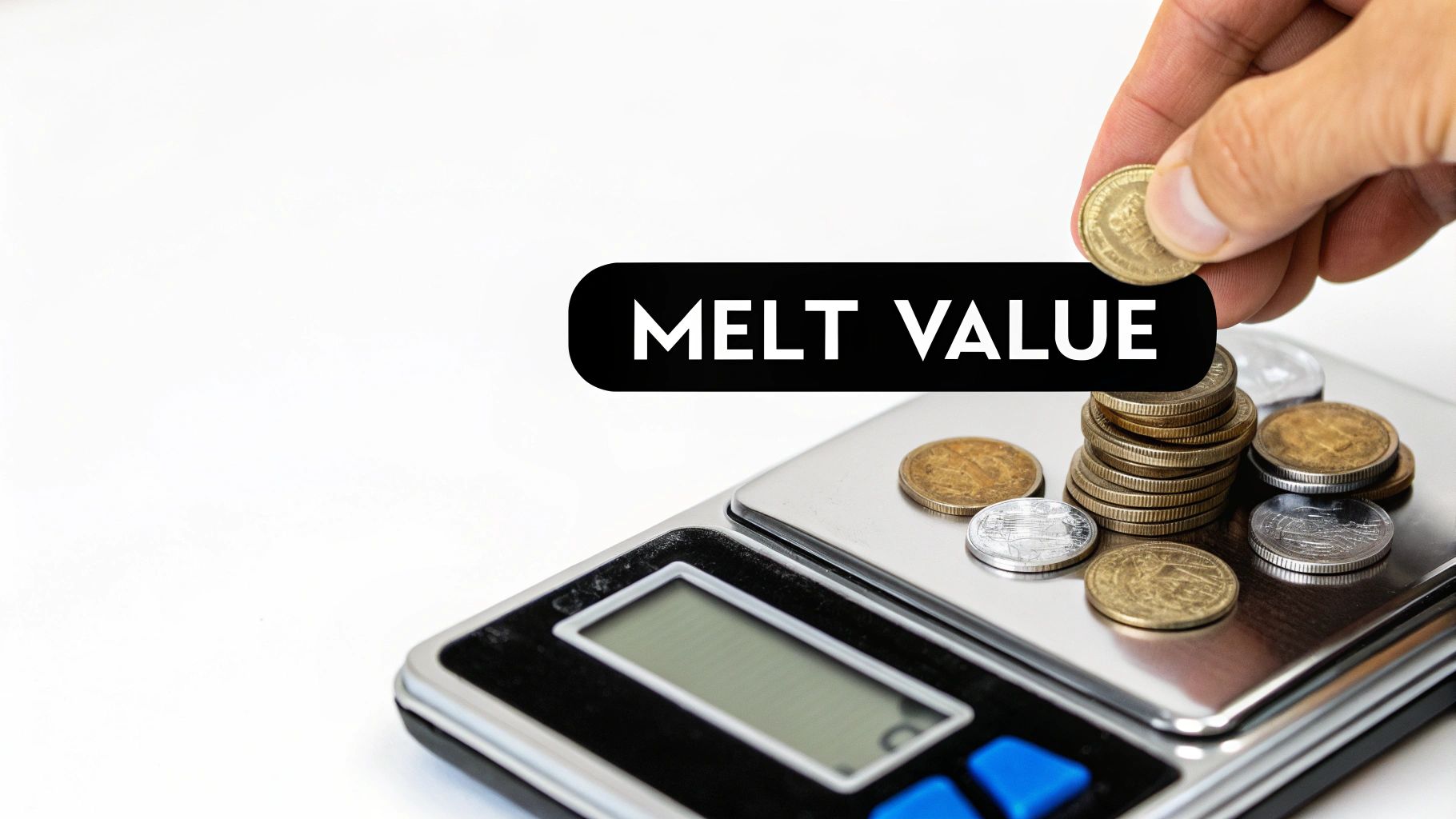 A hand places a coin onto a digital scale with other coins, illustrating the concept of melt value.
