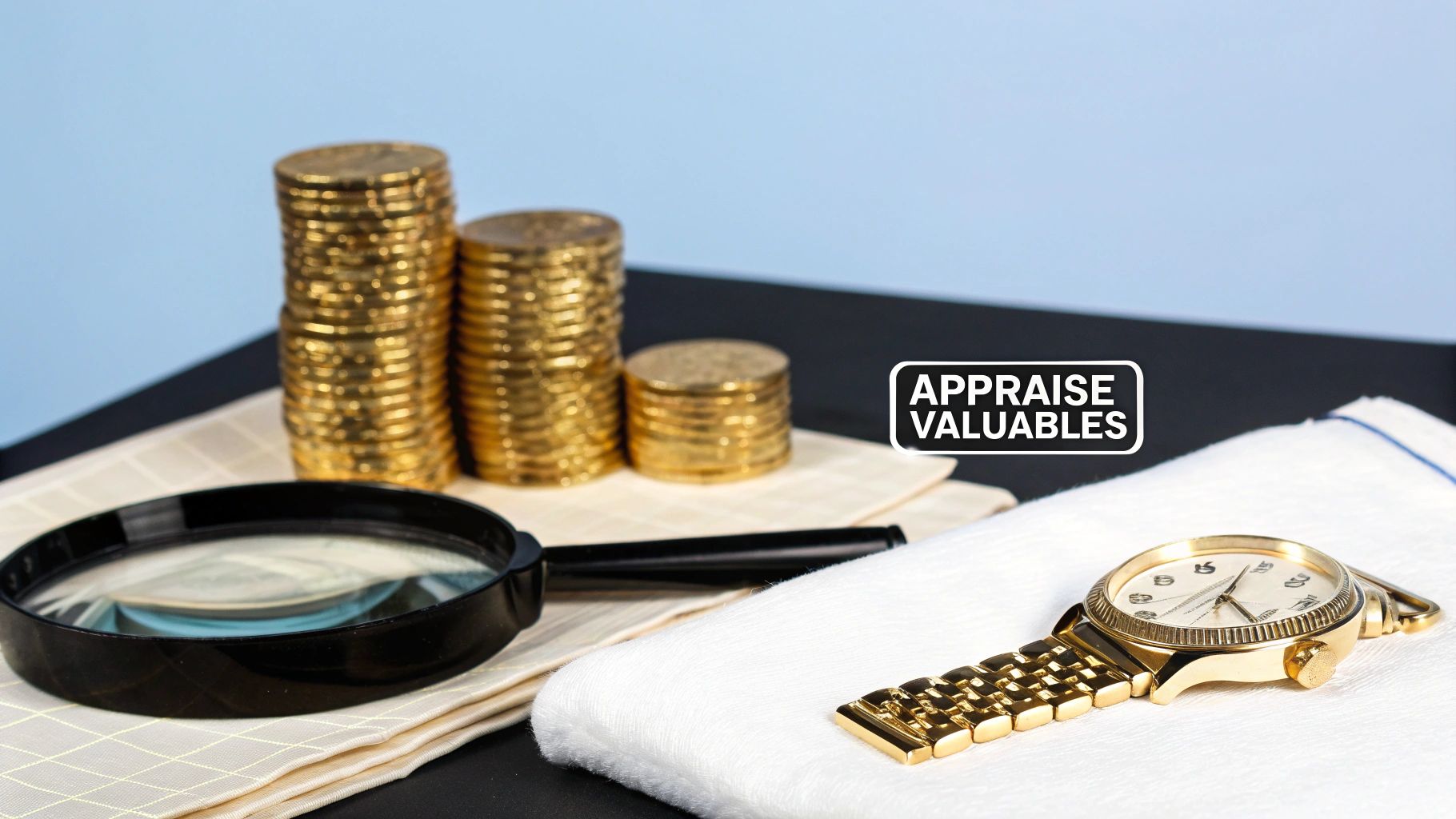 Gold coins, a magnifying glass, and a classic golden watch displayed for valuation.