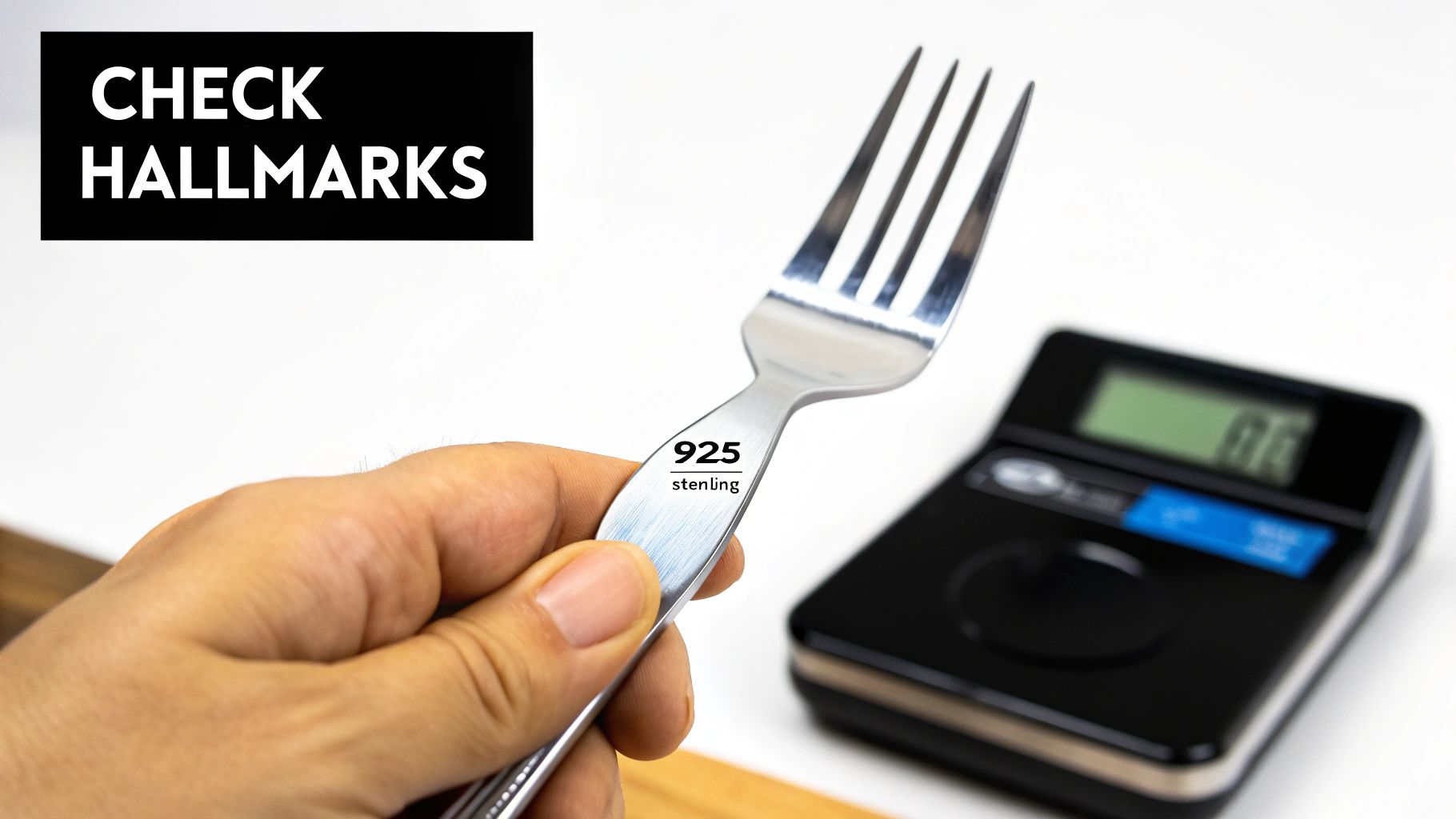 A hand holds a sterling silver fork with '925 sterling' hallmark, beside a digital scale and 'CHECK HALLMARKS' text.